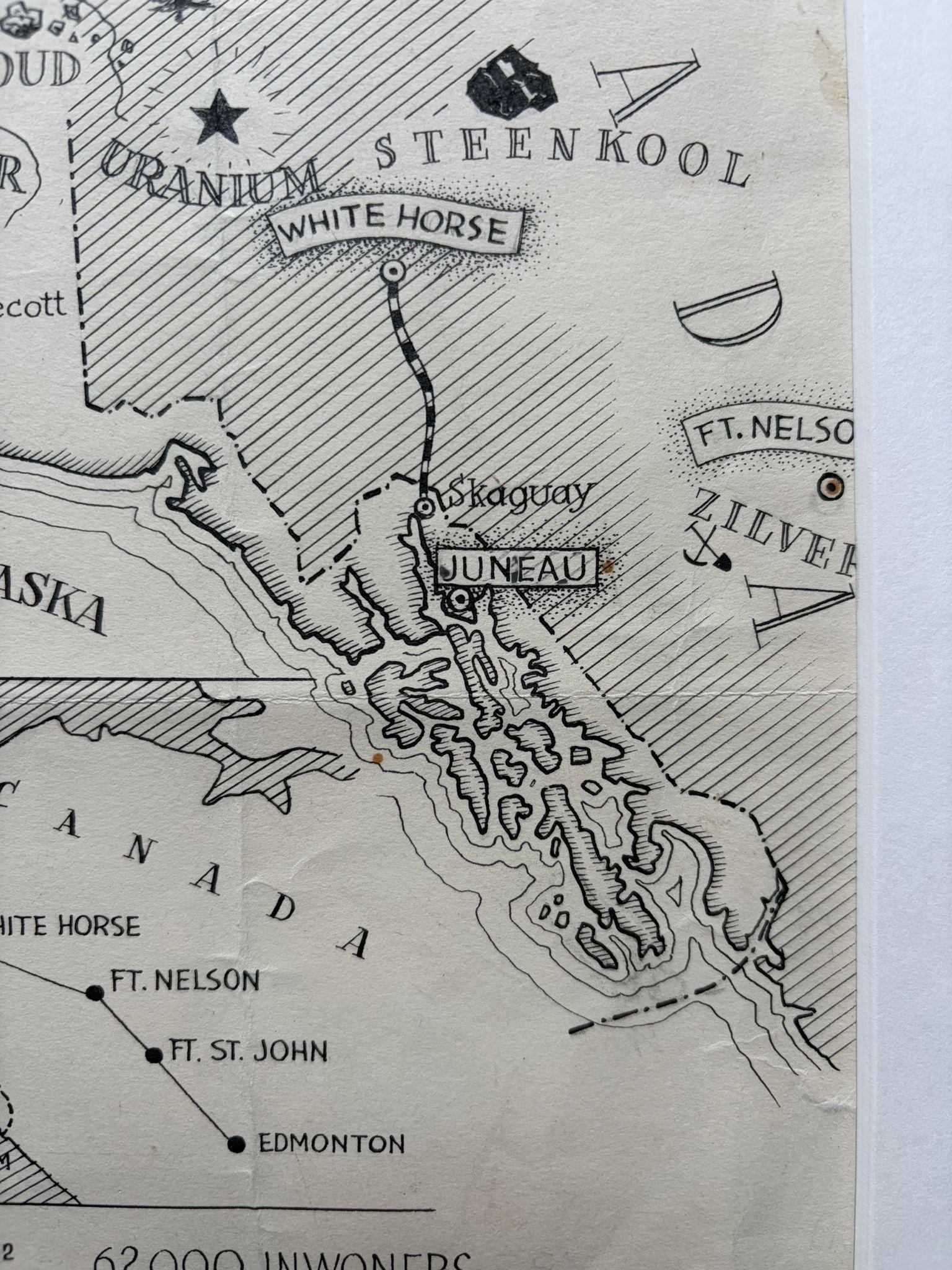 Illustration originale Carte de l'Alaska par Charles Burki, ca. 1945 - Dessin à l'encre en vente 1