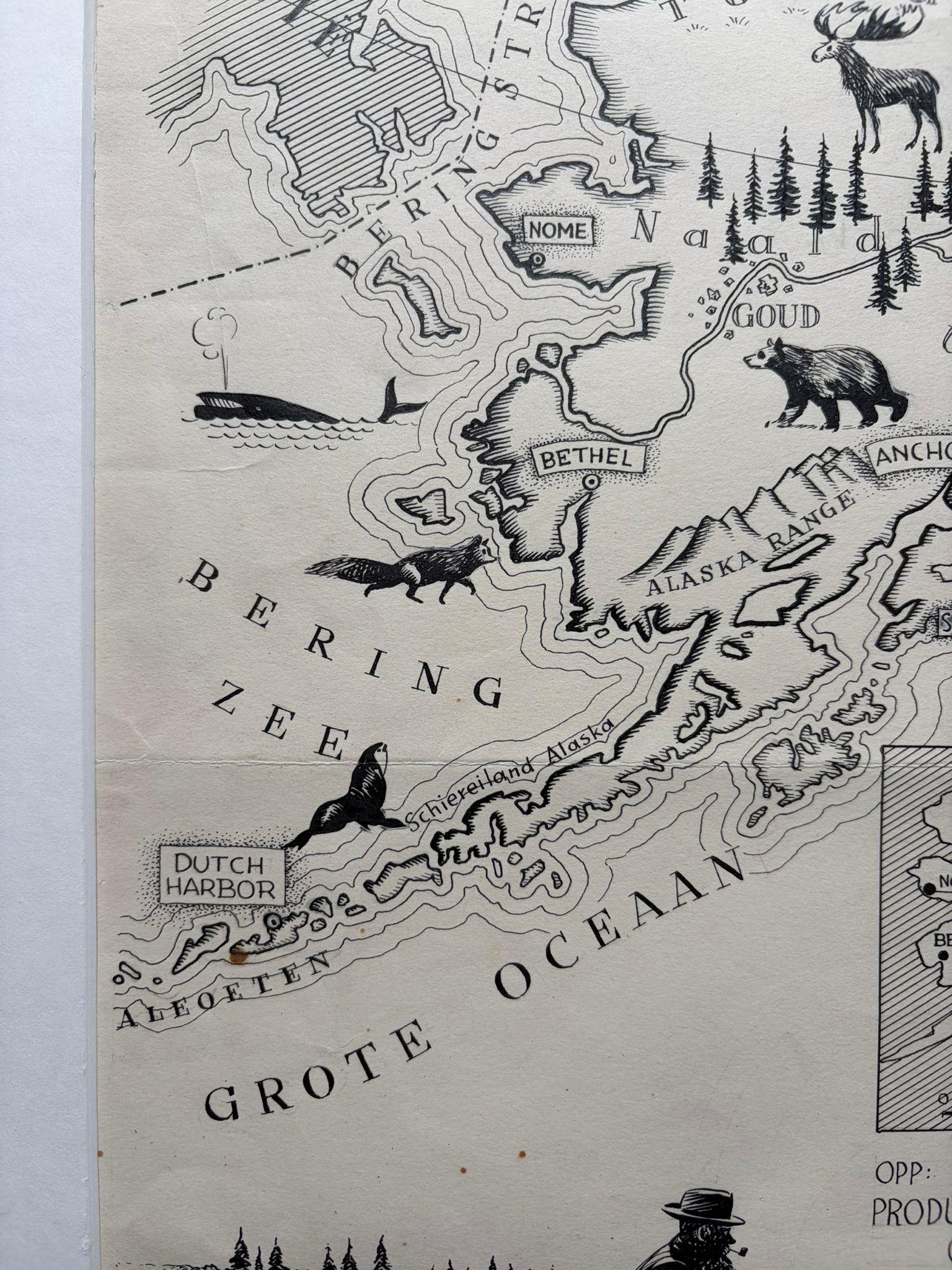 Illustration originale Carte de l'Alaska par Charles Burki, ca. 1945 - Dessin à l'encre en vente 2