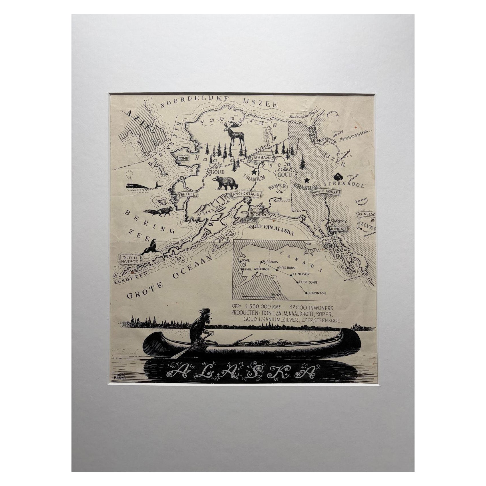 Illustration originale Carte de l'Alaska par Charles Burki, ca. 1945 - Dessin à l'encre en vente