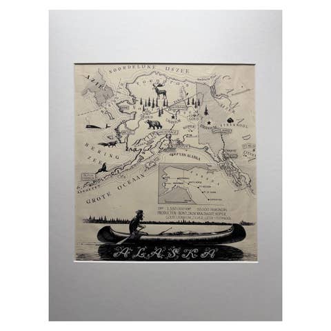 Original Illustration Map of Alaska by Charles Burki, ca. 1945 – Ink Drawing