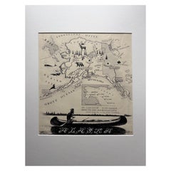 Original Illustration Map of Alaska by Charles Burki, ca. 1945 – Ink Drawing