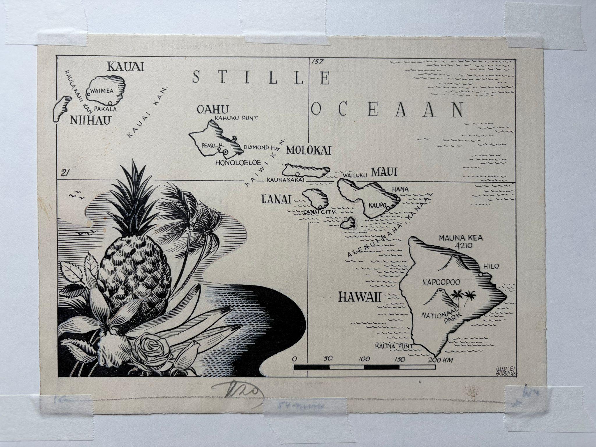 Illustration originale Carte d'Hawaï par Charles Burki, ca. 1945 - Dessin à l'encre

Illustration originale à la plume des Hawaï-Eilanden (îles Hawaï) par l'artiste néerlandais Charles Burki (1909-1994), exécutée vers 1945. Ce dessin raffiné en noir