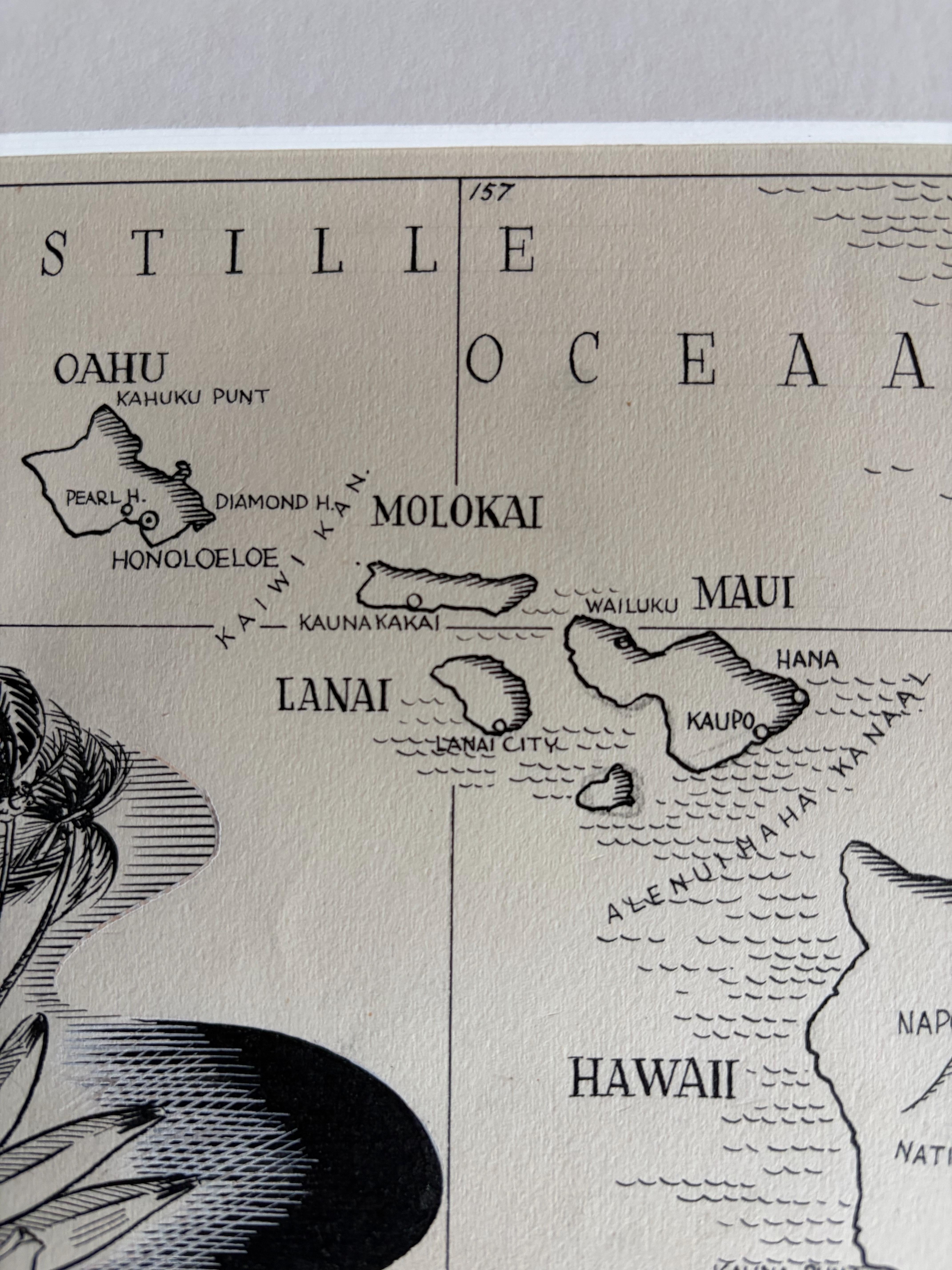 Illustration originale Carte d'Hawaï par Charles Burki, ca. 1948 - Dessin à l'encre Bon état - En vente à Langweer, NL