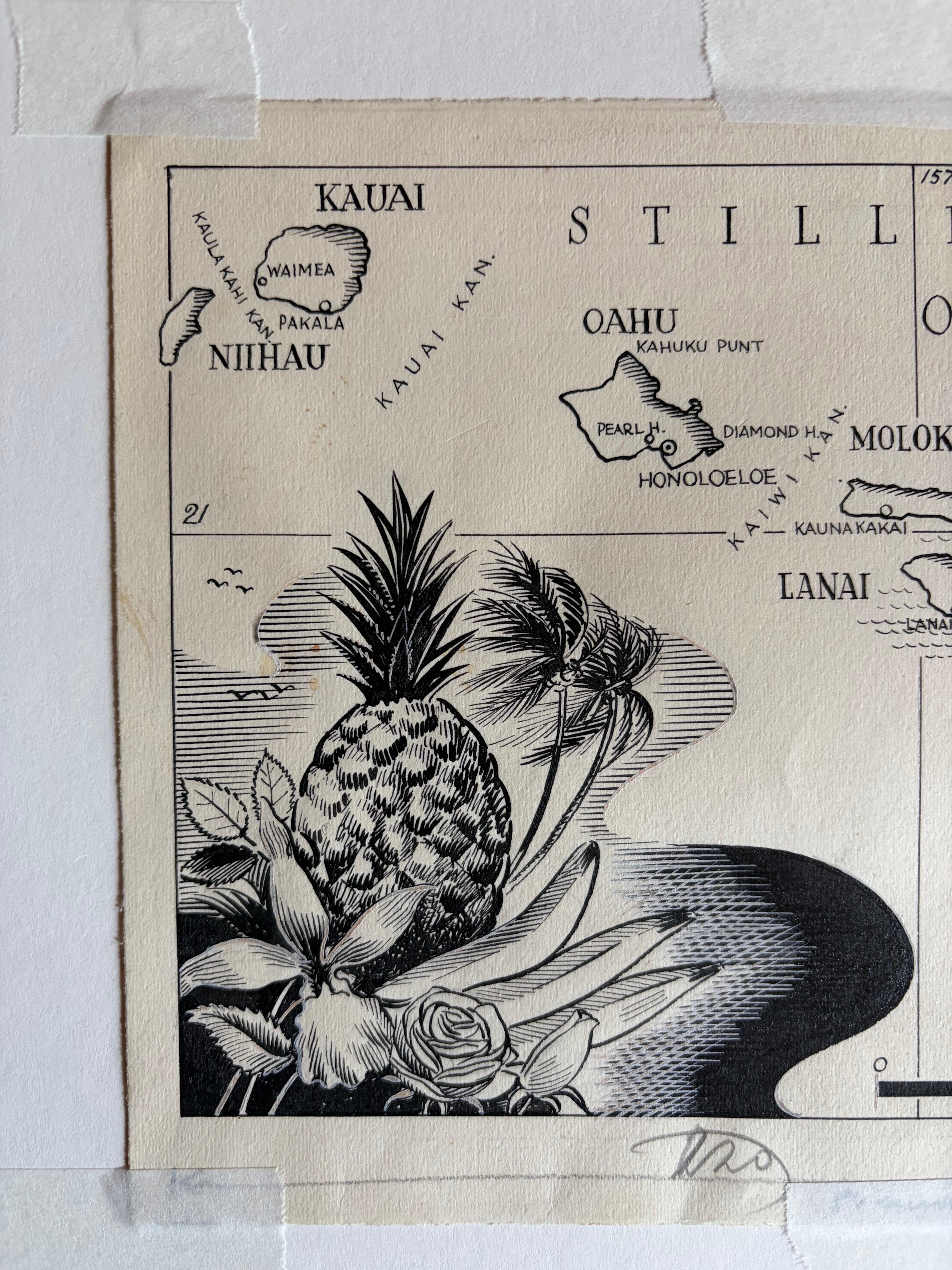 Milieu du XXe siècle Illustration originale Carte d'Hawaï par Charles Burki, ca. 1948 - Dessin à l'encre en vente