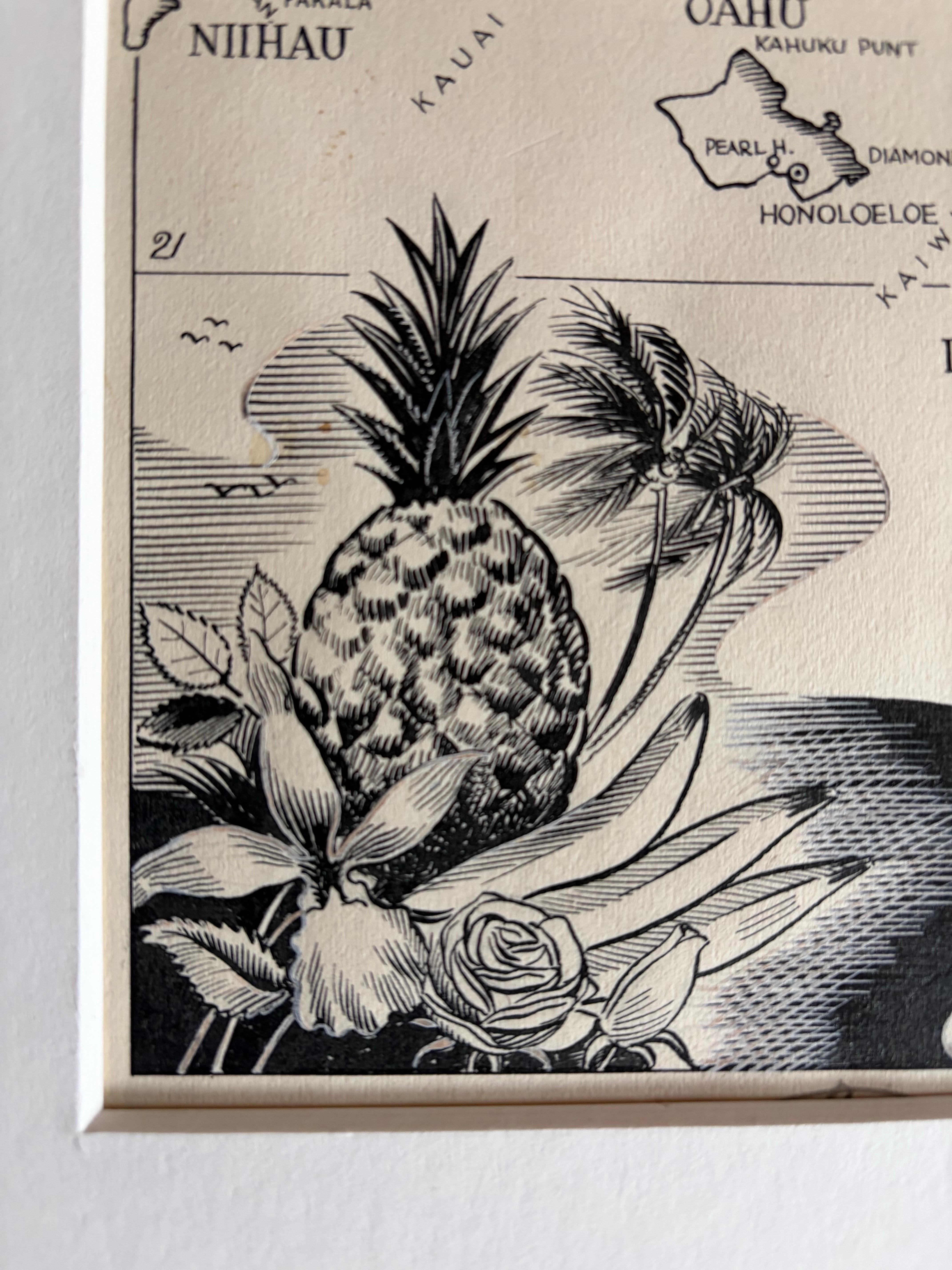Illustration originale Carte d'Hawaï par Charles Burki, ca. 1948 - Dessin à l'encre en vente 1