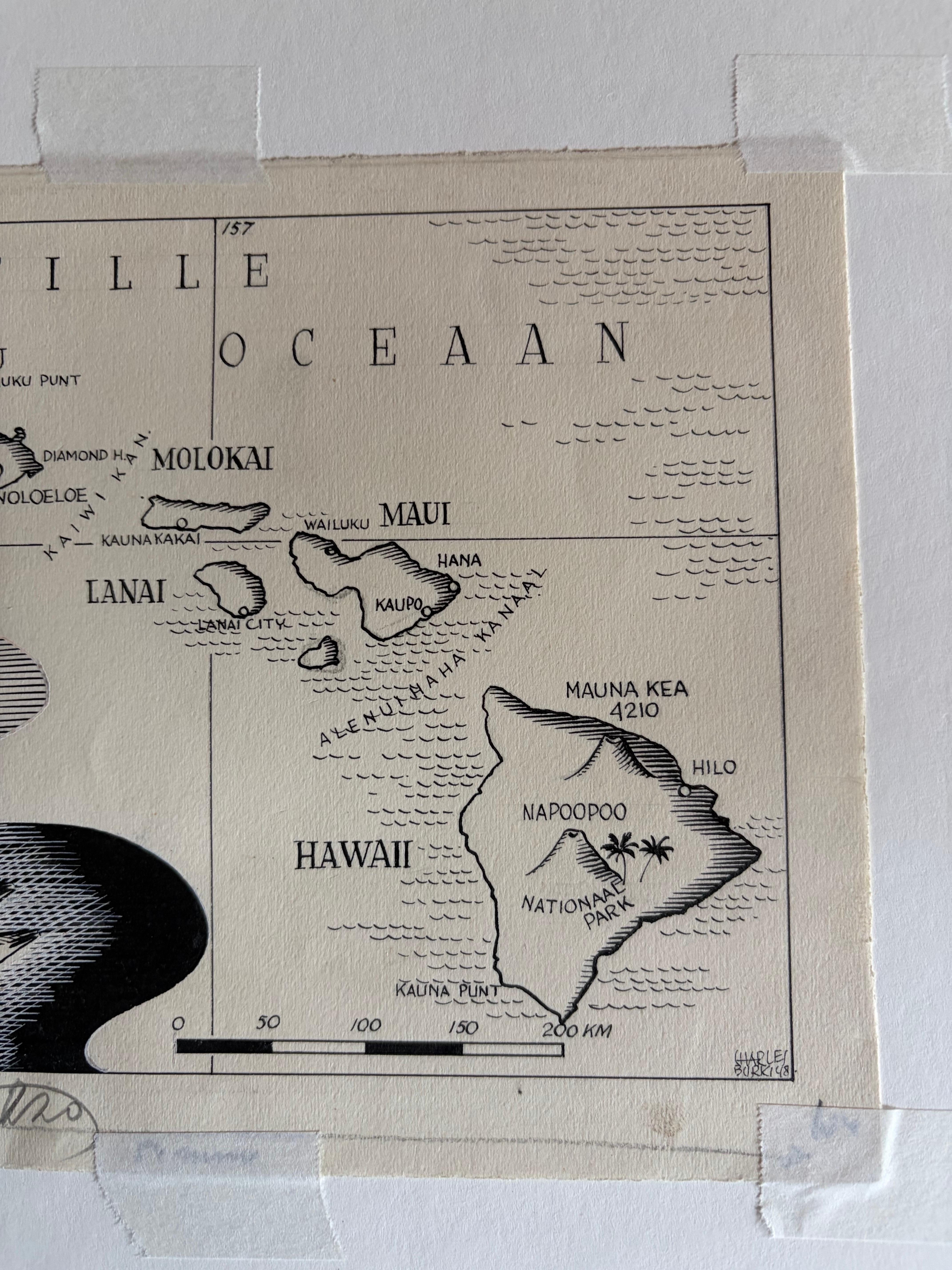 Illustration originale Carte d'Hawaï par Charles Burki, ca. 1948 - Dessin à l'encre en vente 3