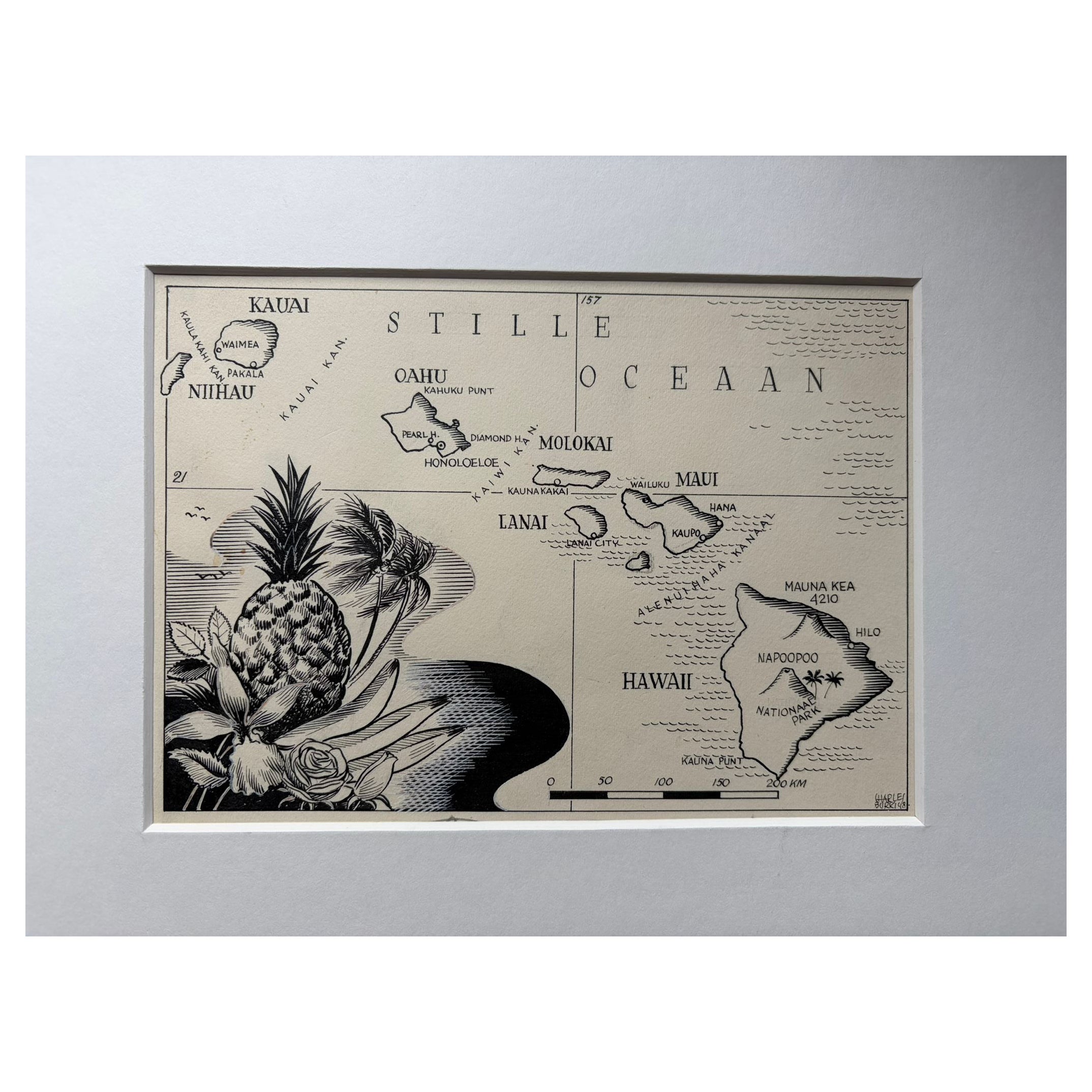 Illustration originale Carte d'Hawaï par Charles Burki, ca. 1948 - Dessin à l'encre