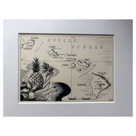Original Illustration Map of Hawaii by Charles Burki, ca. 1948 – Ink Drawing
