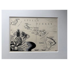 Original Illustration Map of Hawaii by Charles Burki, ca. 1948 – Ink Drawing