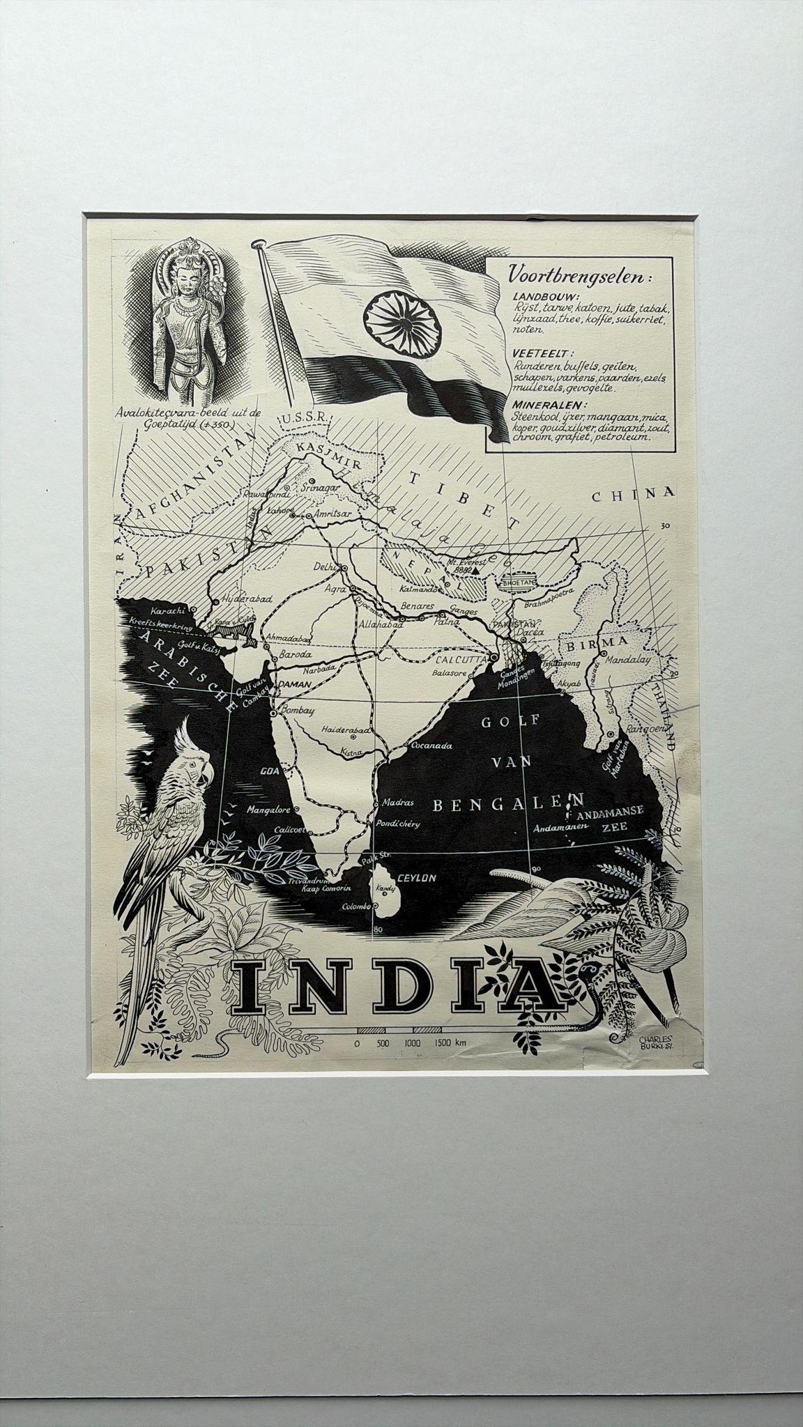 Illustration originale Carte de l'Inde par Charles Burki, 1951 - Dessin à l'encre en vente 4