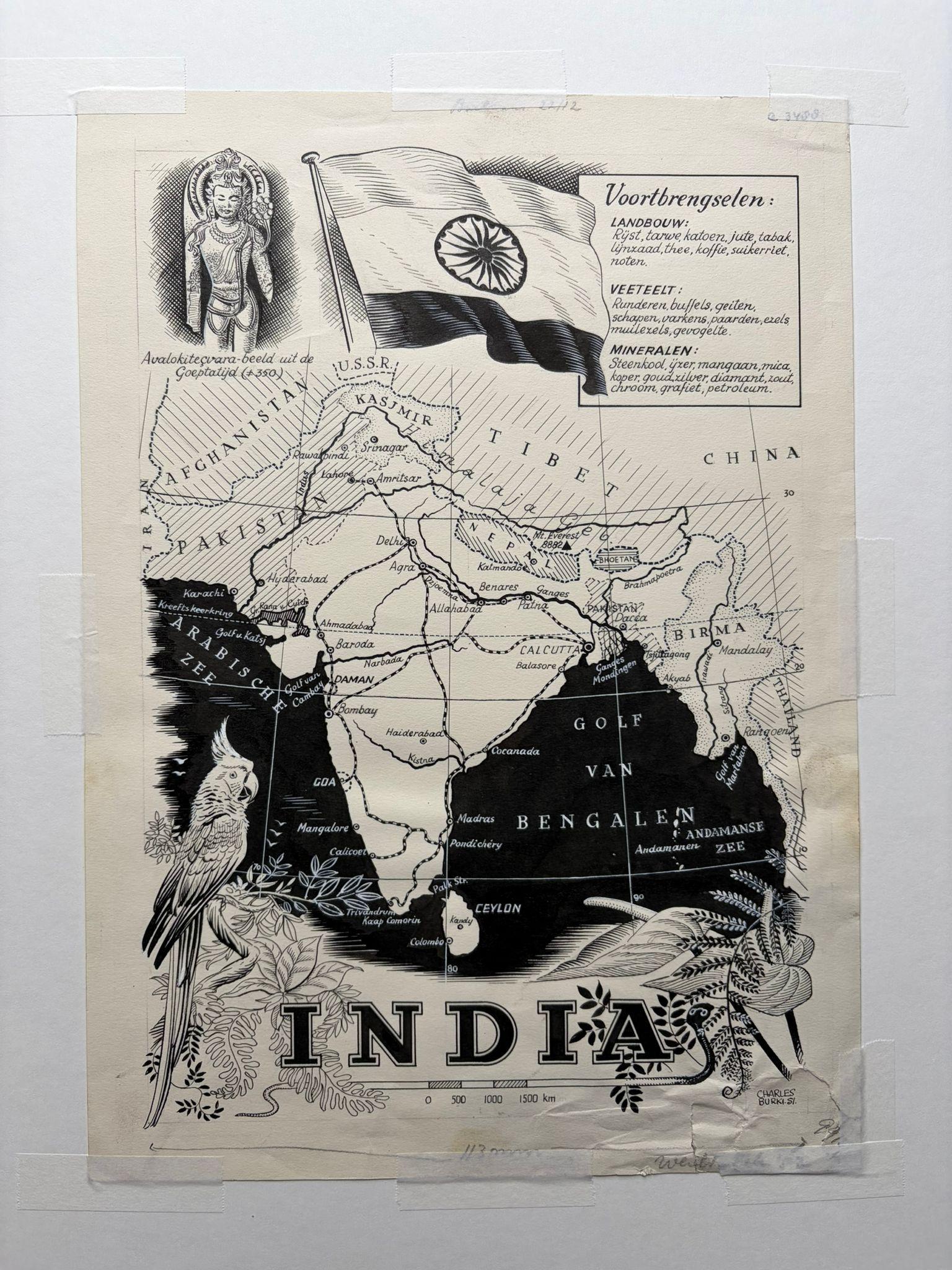 Néerlandais Illustration originale Carte de l'Inde par Charles Burki, 1951 - Dessin à l'encre en vente