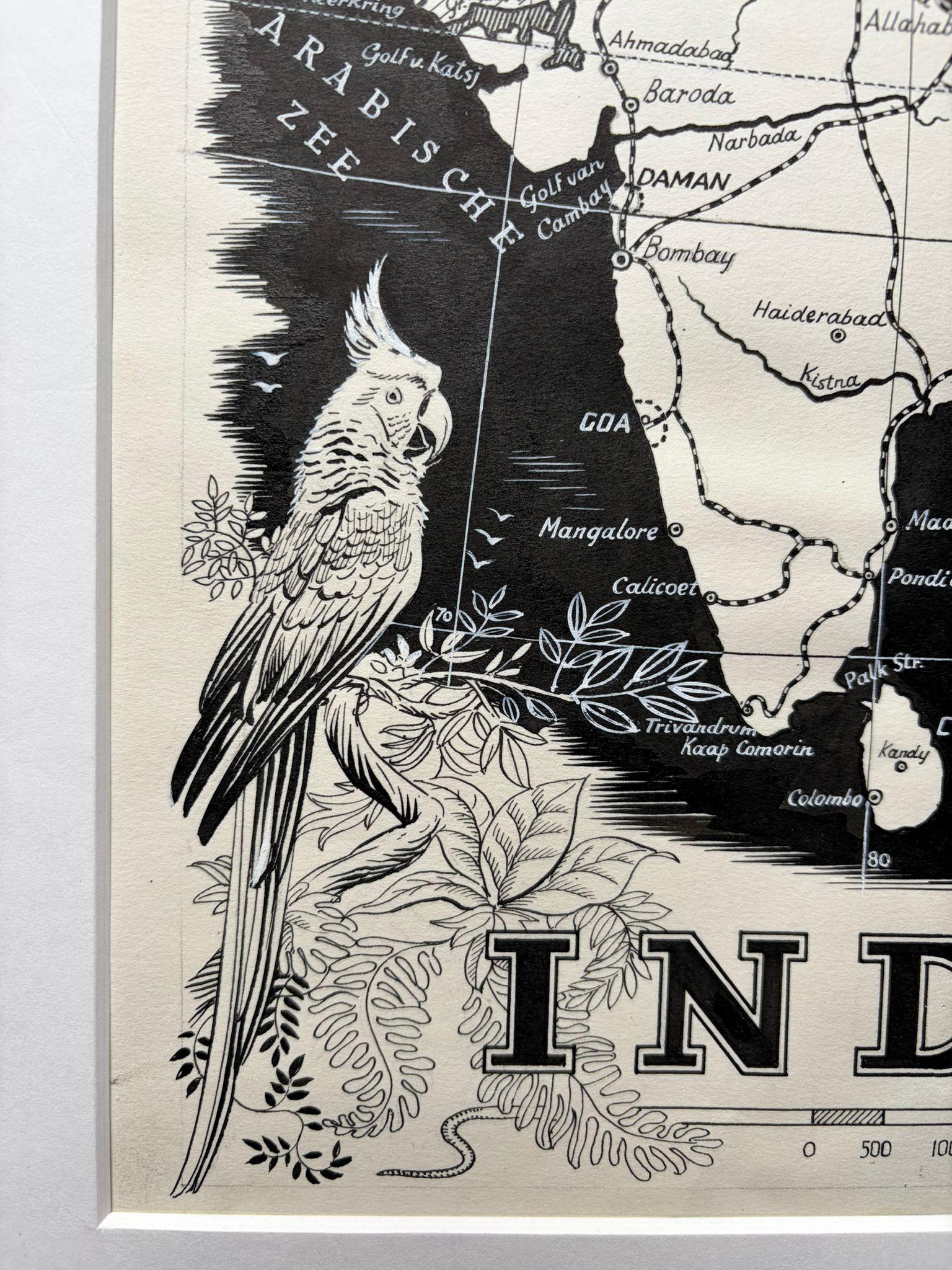 Illustration originale Carte de l'Inde par Charles Burki, 1951 - Dessin à l'encre Bon état - En vente à Langweer, NL