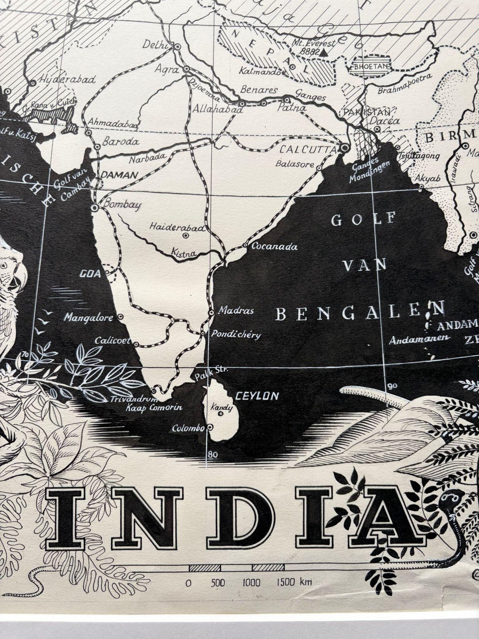Milieu du XXe siècle Illustration originale Carte de l'Inde par Charles Burki, 1951 - Dessin à l'encre en vente