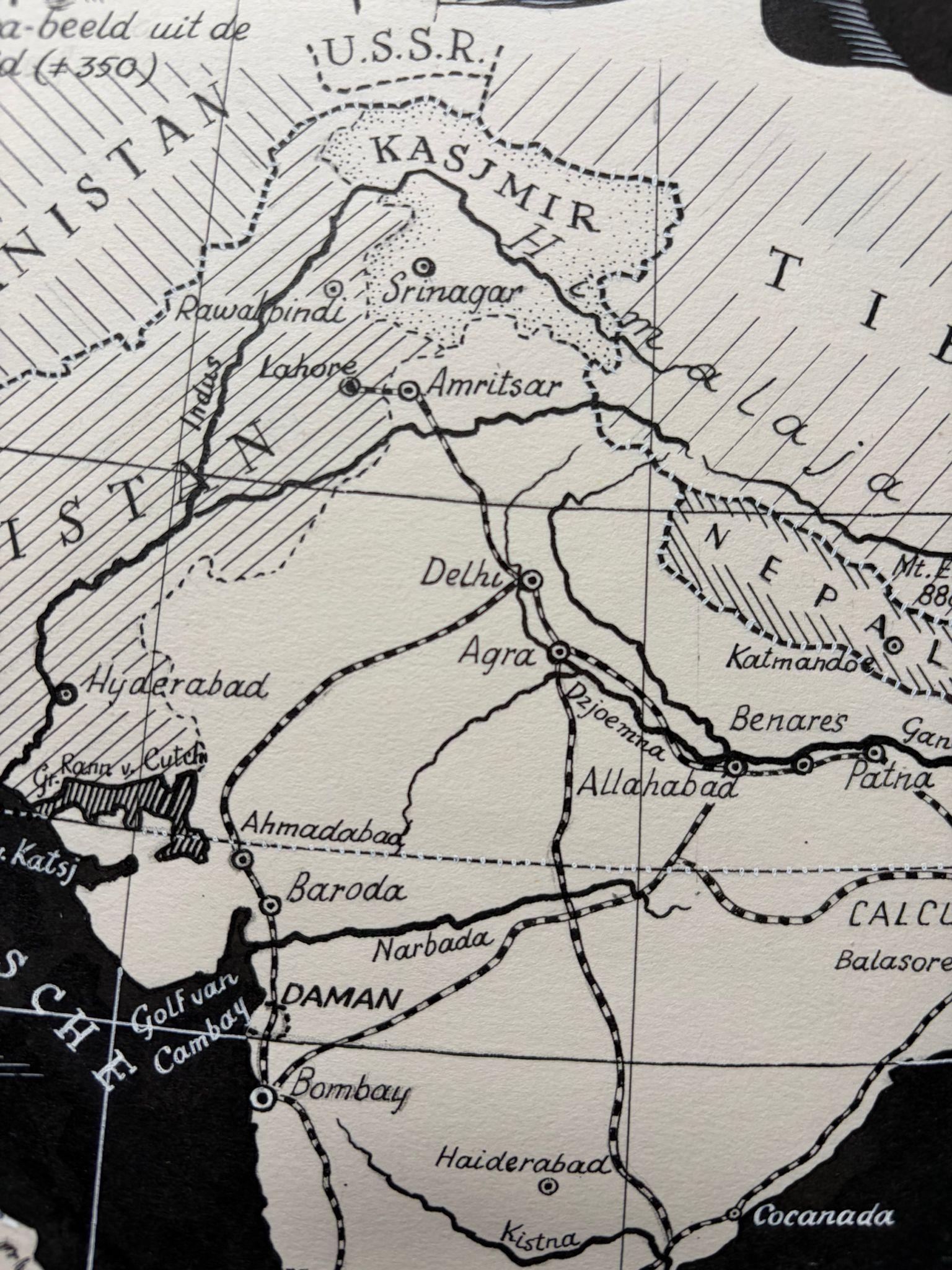 Papier Illustration originale Carte de l'Inde par Charles Burki, 1951 - Dessin à l'encre en vente