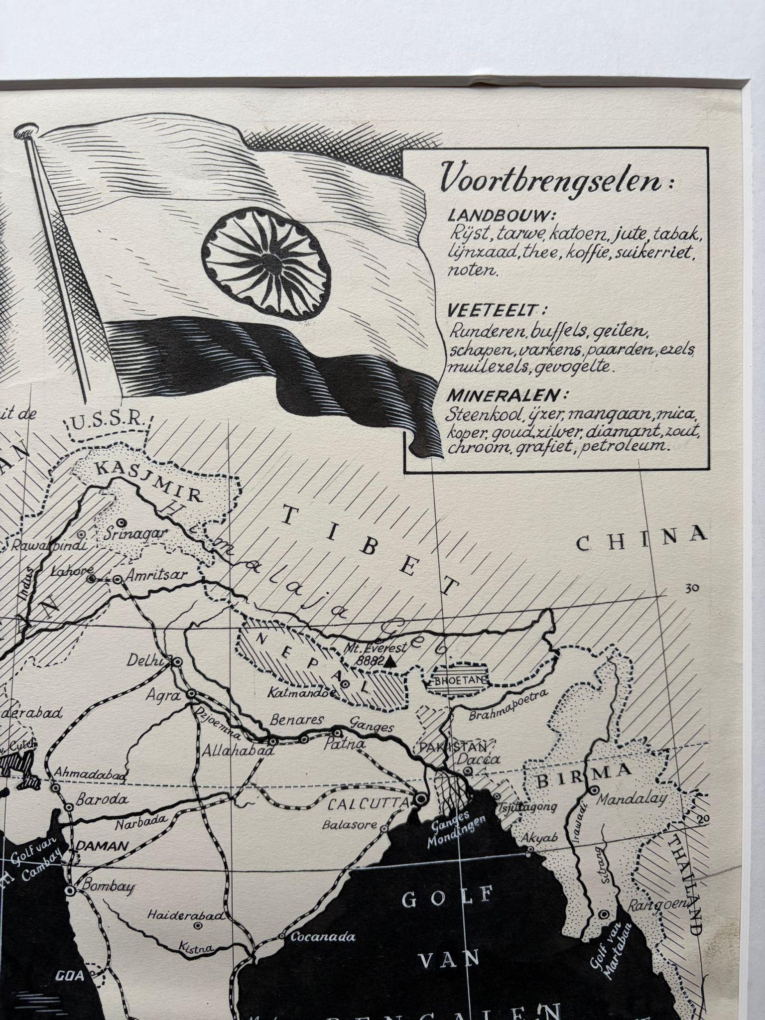 Illustration originale Carte de l'Inde par Charles Burki, 1951 - Dessin à l'encre en vente 1