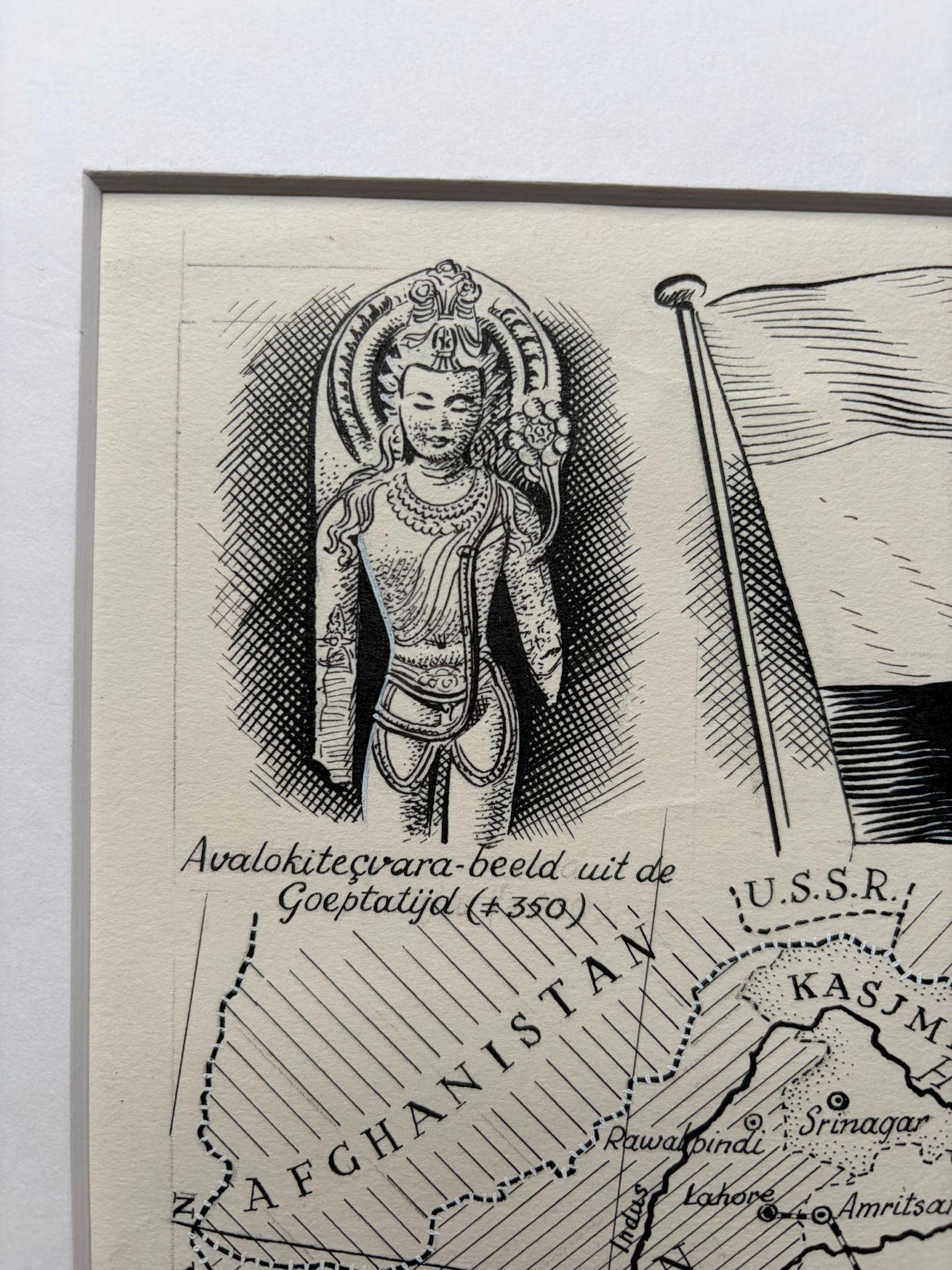 Illustration originale Carte de l'Inde par Charles Burki, 1951 - Dessin à l'encre en vente 3