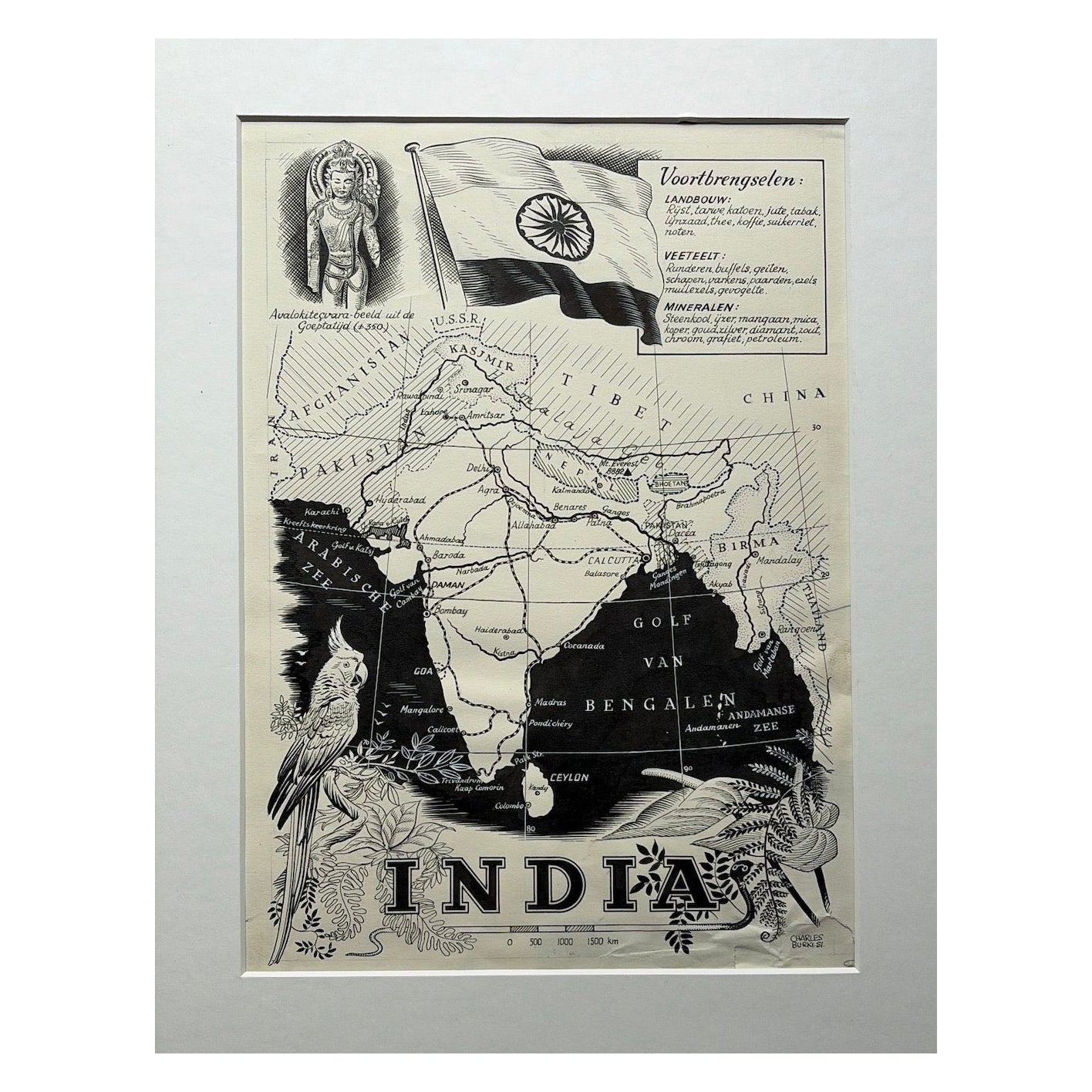 Illustration originale Carte de l'Inde par Charles Burki, 1951 - Dessin à l'encre