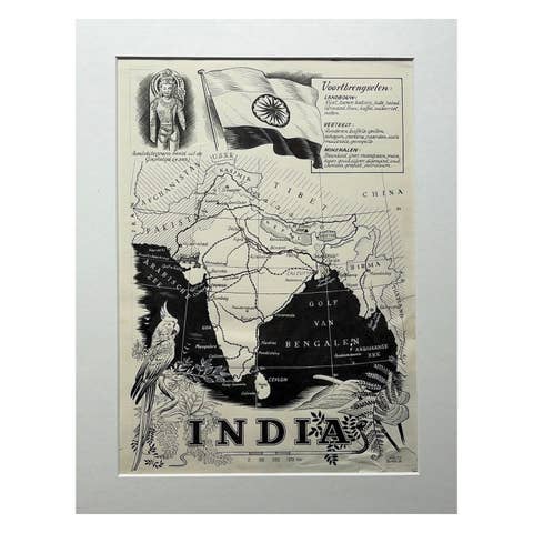 Original Illustration Map of India by Charles Burki, 1951 – Ink Drawing