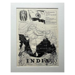 Original Illustration Map of India by Charles Burki, 1951 – Ink Drawing