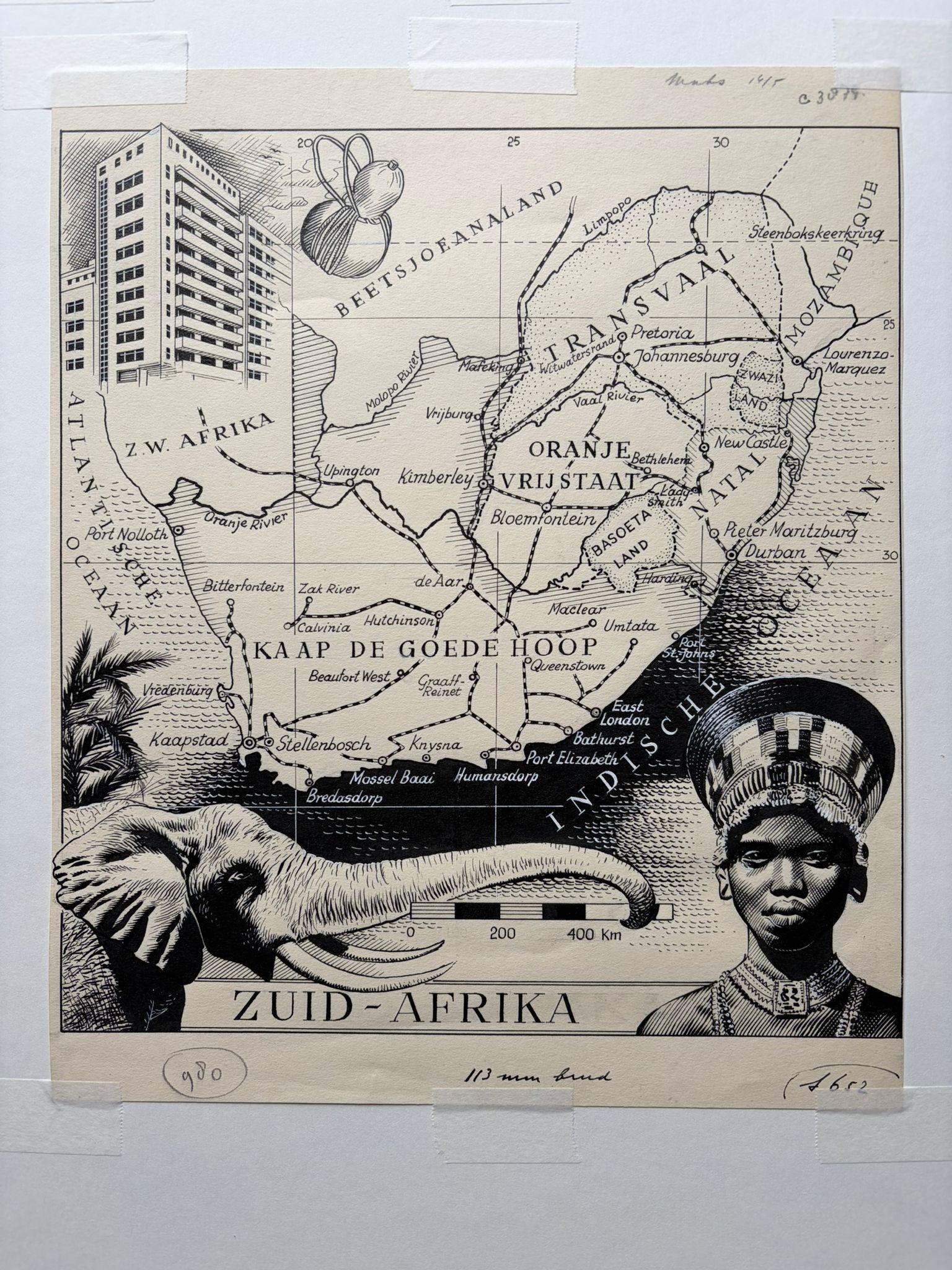 Illustration originale Carte de l'Afrique du Sud par Charles Burki, ca. 1945 - Dessin à l'encre

Description :
Illustration originale à la plume de Zuid-Afrika (Afrique du Sud) par l'artiste néerlandais Charles Burki (1909-1994), exécutée vers 1945.