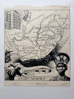 Illustration originale Carte de l'Afrique du Sud par Charles I.C., c.1945 - Dessin à l'encre