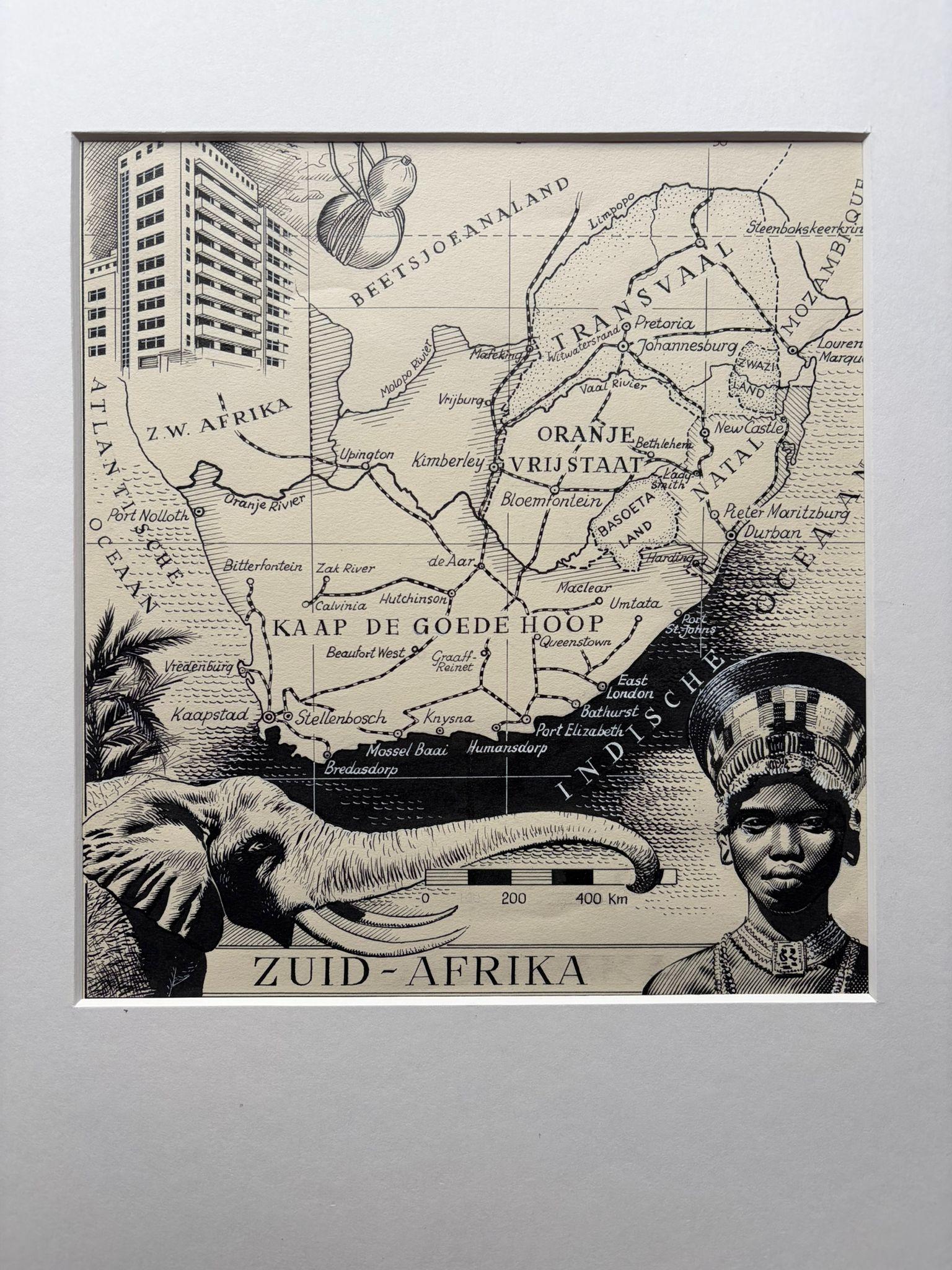 Néerlandais Illustration originale Carte de l'Afrique du Sud par Charles I.C., c.1945 - Dessin à l'encre en vente