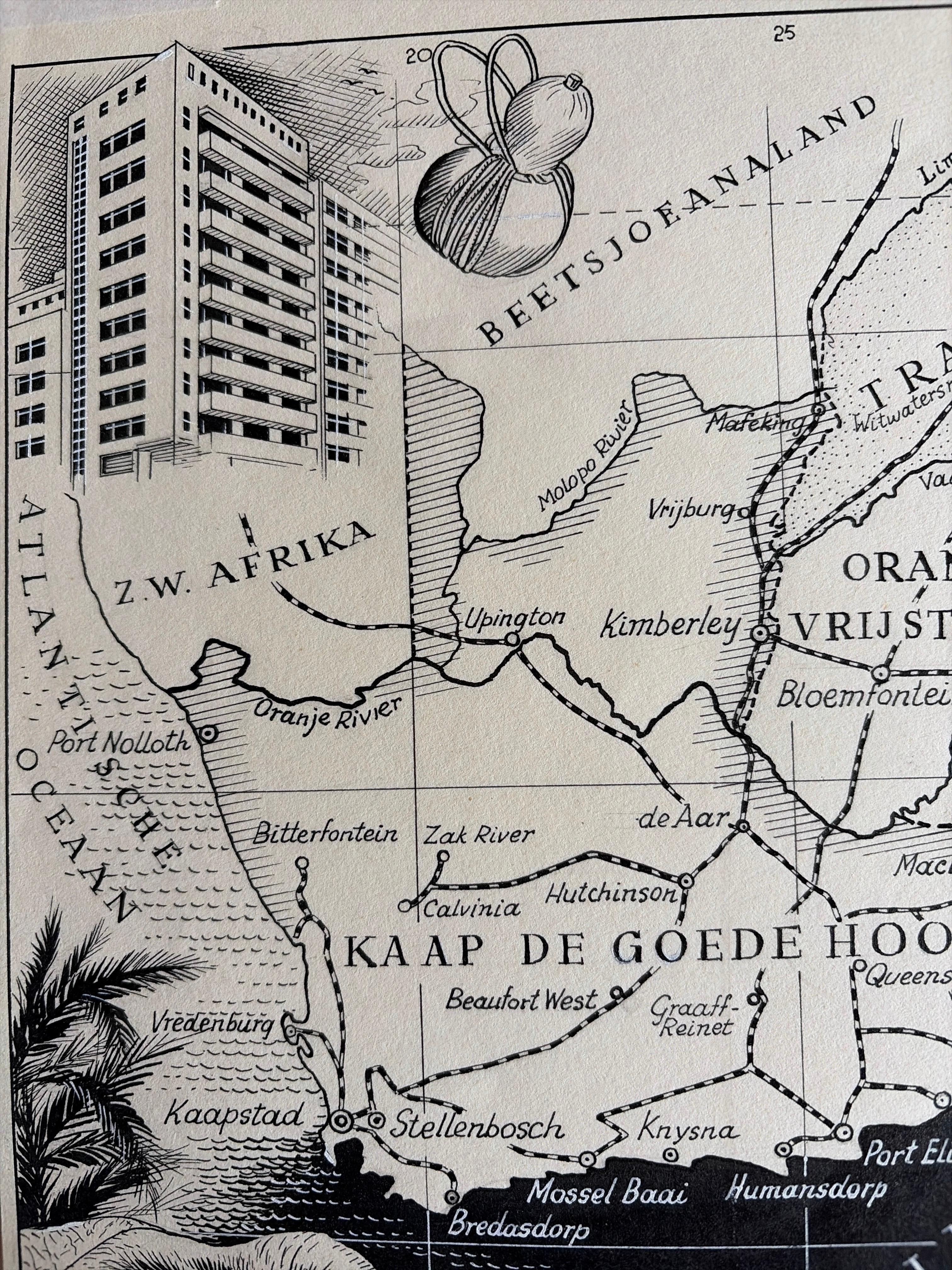 Illustration originale Carte de l'Afrique du Sud par Charles I.C., c.1945 - Dessin à l'encre en vente 1