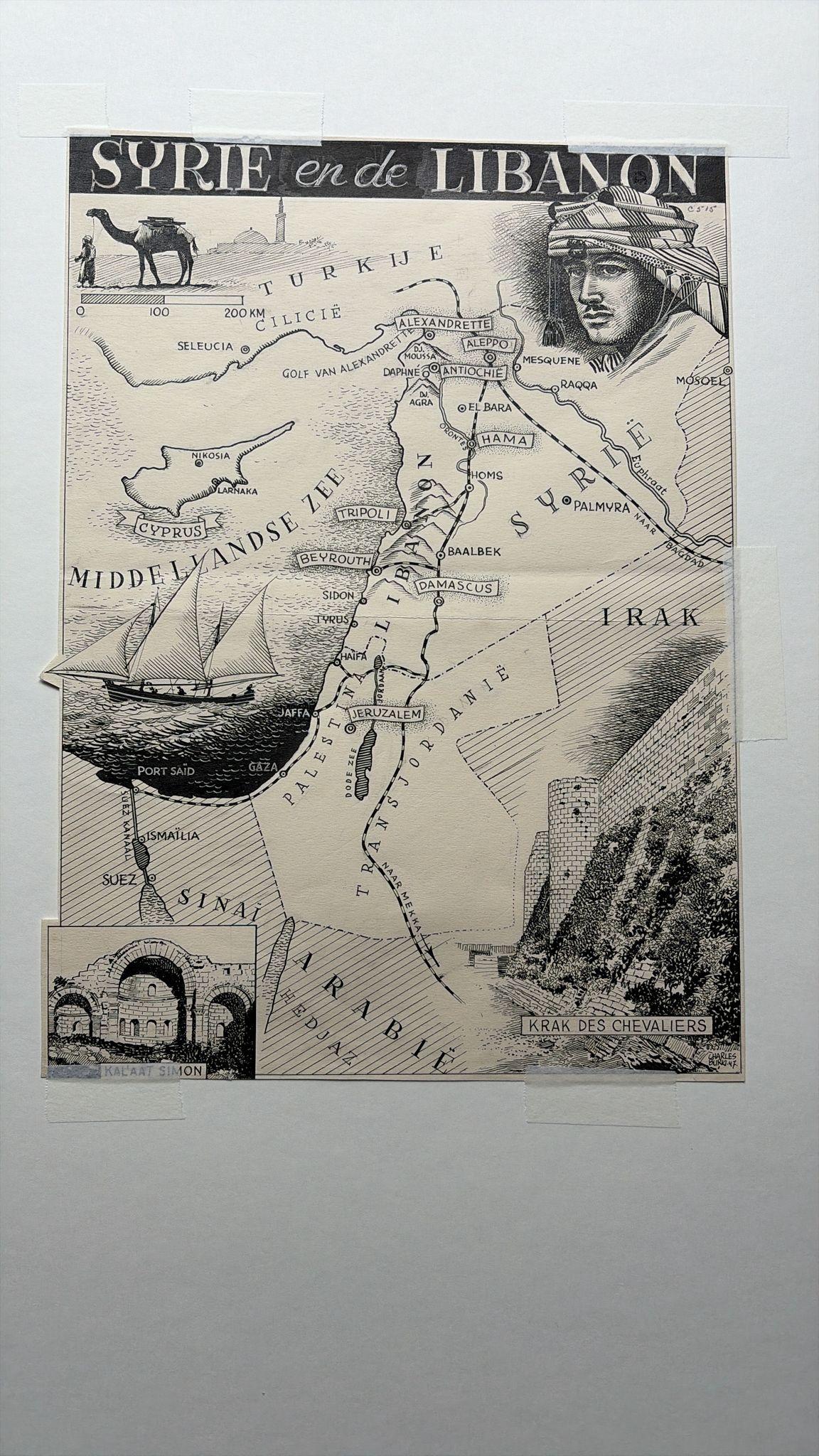 Illustrazione originale della mappa della Siria e del Libano, Charles Burki, 1947 - Disegno a inchiostro in vendita 4