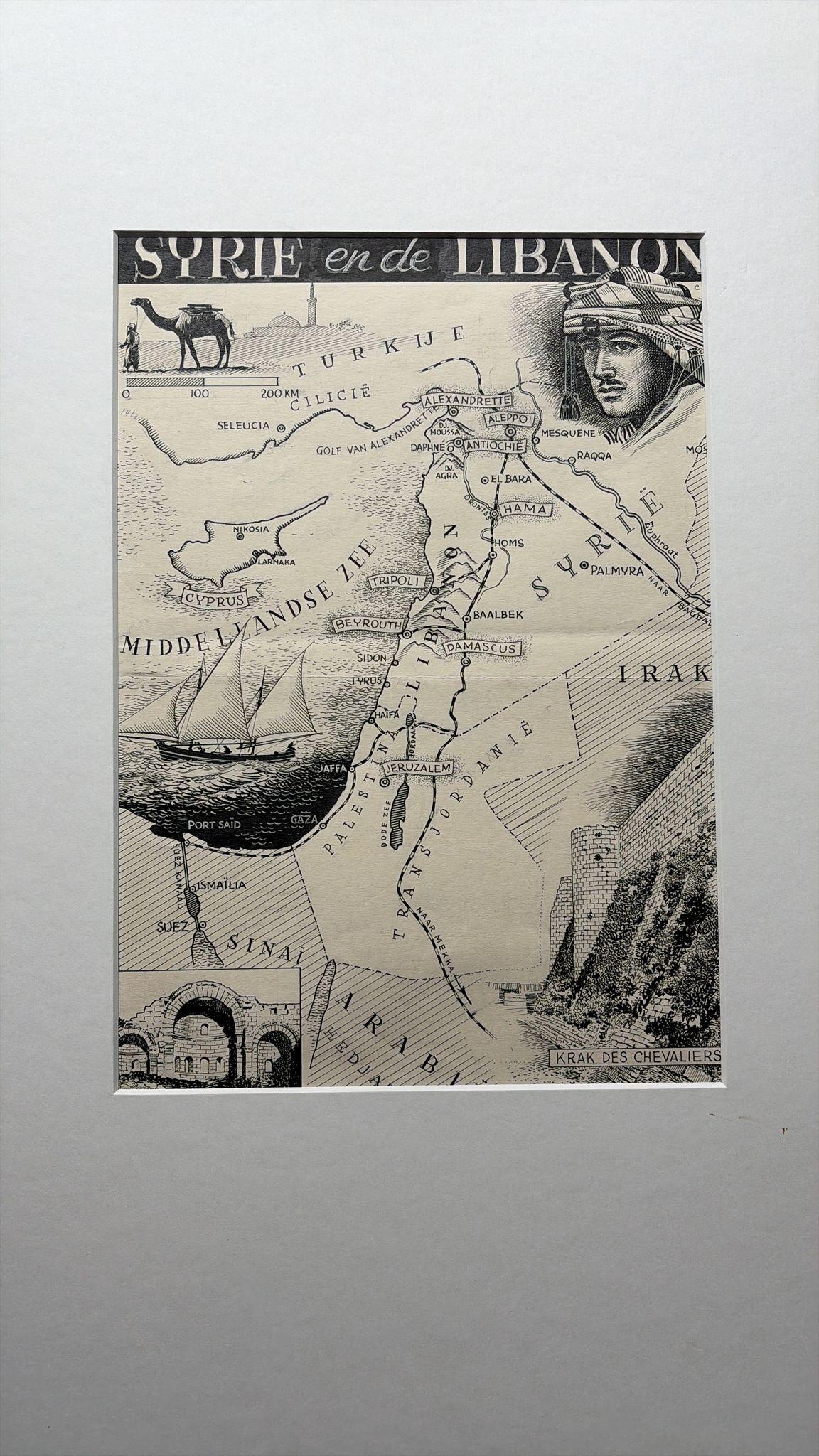 Illustrazione originale della mappa della Siria e del Libano di Charles Burki, 1947 - Disegno a inchiostro

Illustrazione originale a penna e inchiostro del 1947 di 