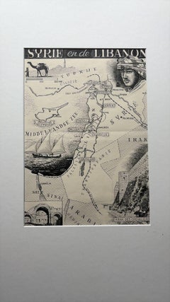 Illustrazione originale della mappa della Siria e del Libano, Charles Burki, 1947 - Disegno a inchiostro