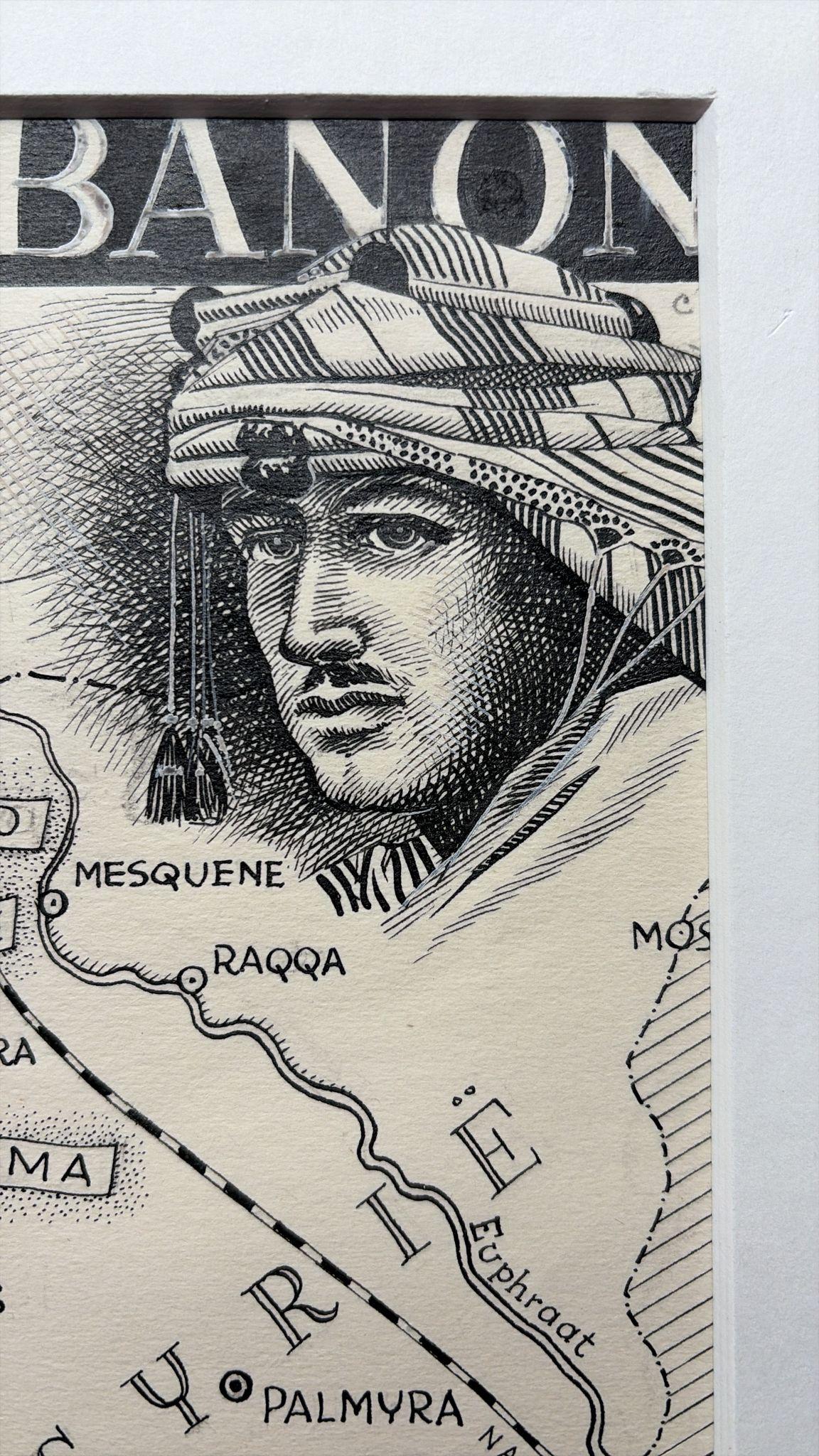 Olandese Illustrazione originale della mappa della Siria e del Libano, Charles Burki, 1947 - Disegno a inchiostro in vendita