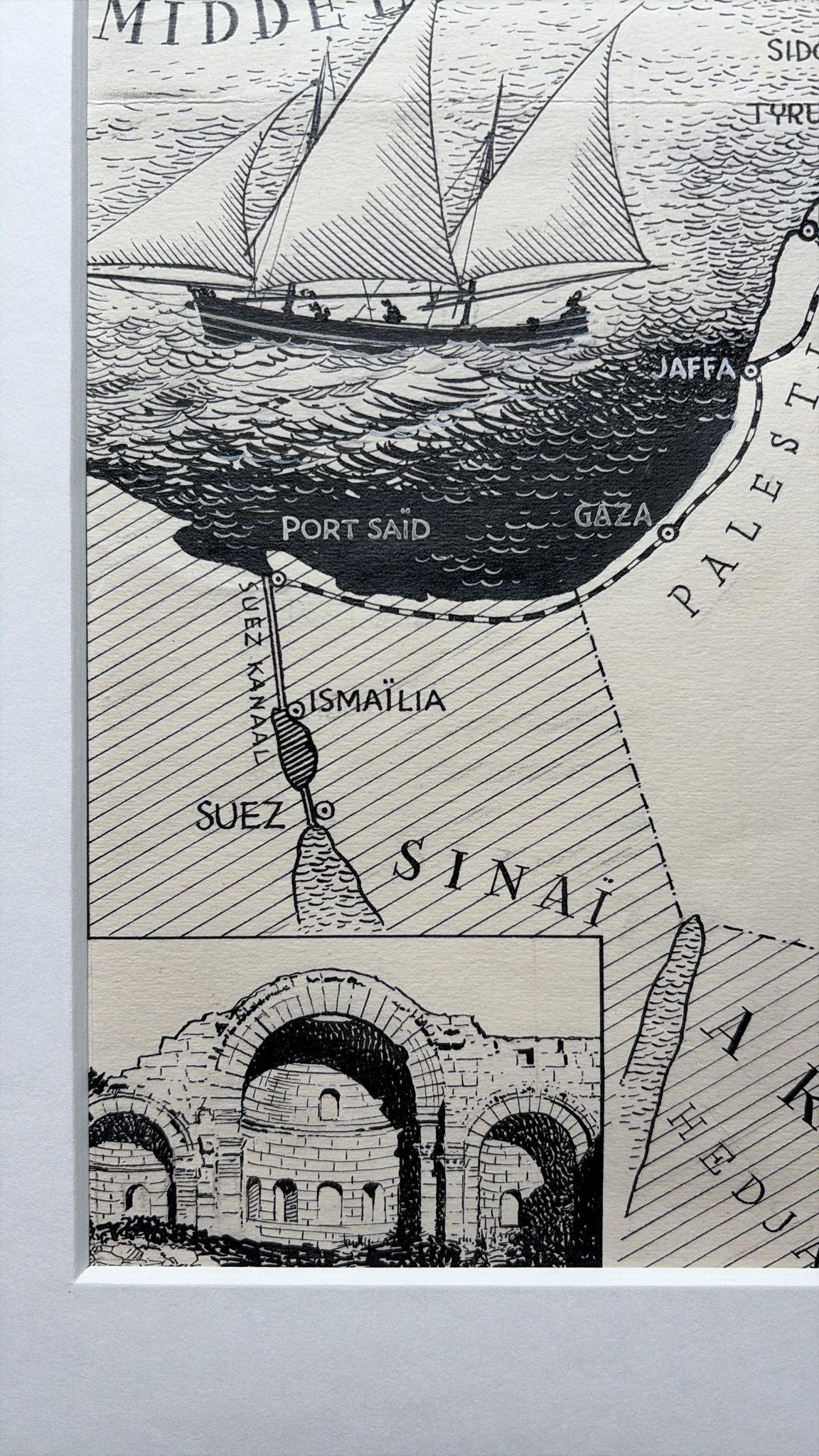 Metà XX secolo Illustrazione originale della mappa della Siria e del Libano, Charles Burki, 1947 - Disegno a inchiostro in vendita