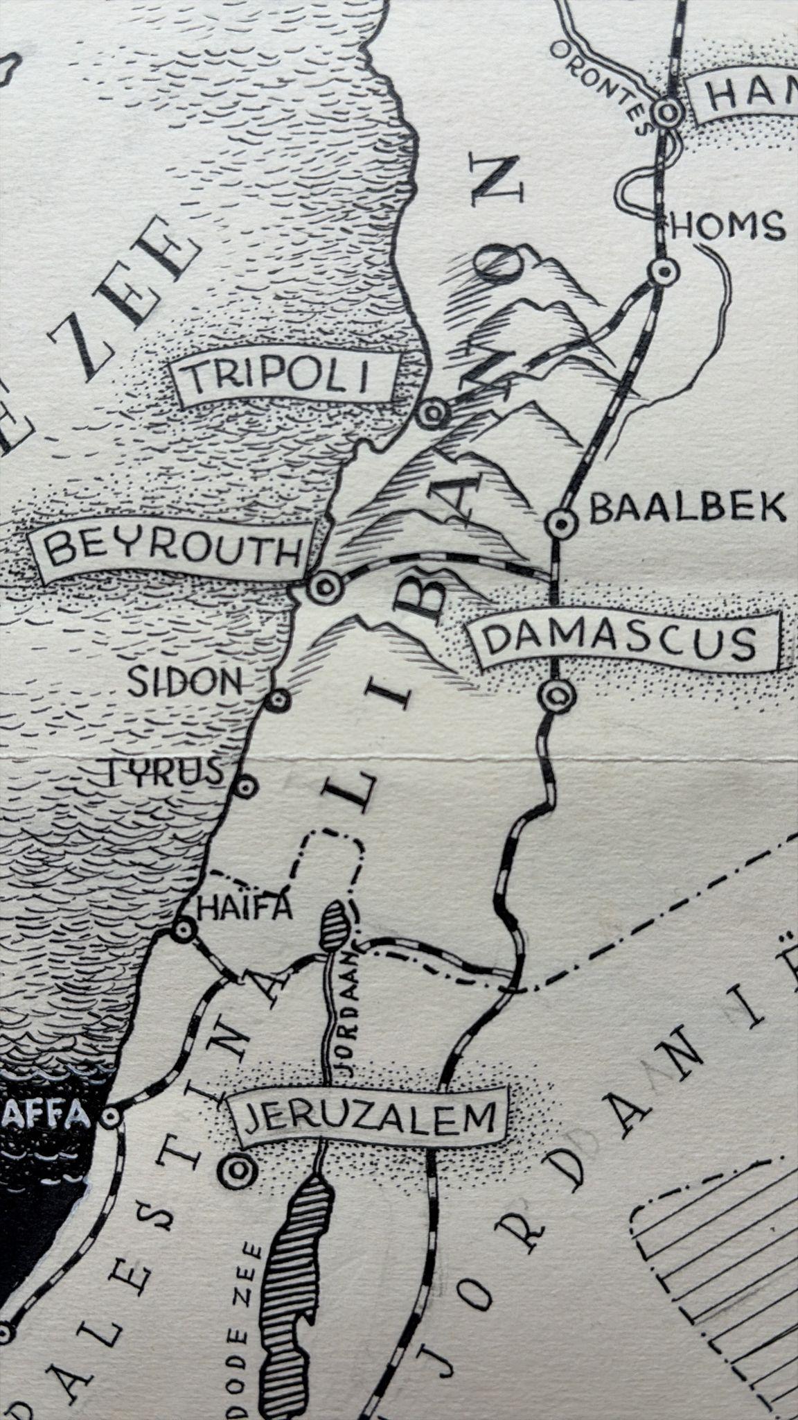 Carta Illustrazione originale della mappa della Siria e del Libano, Charles Burki, 1947 - Disegno a inchiostro in vendita