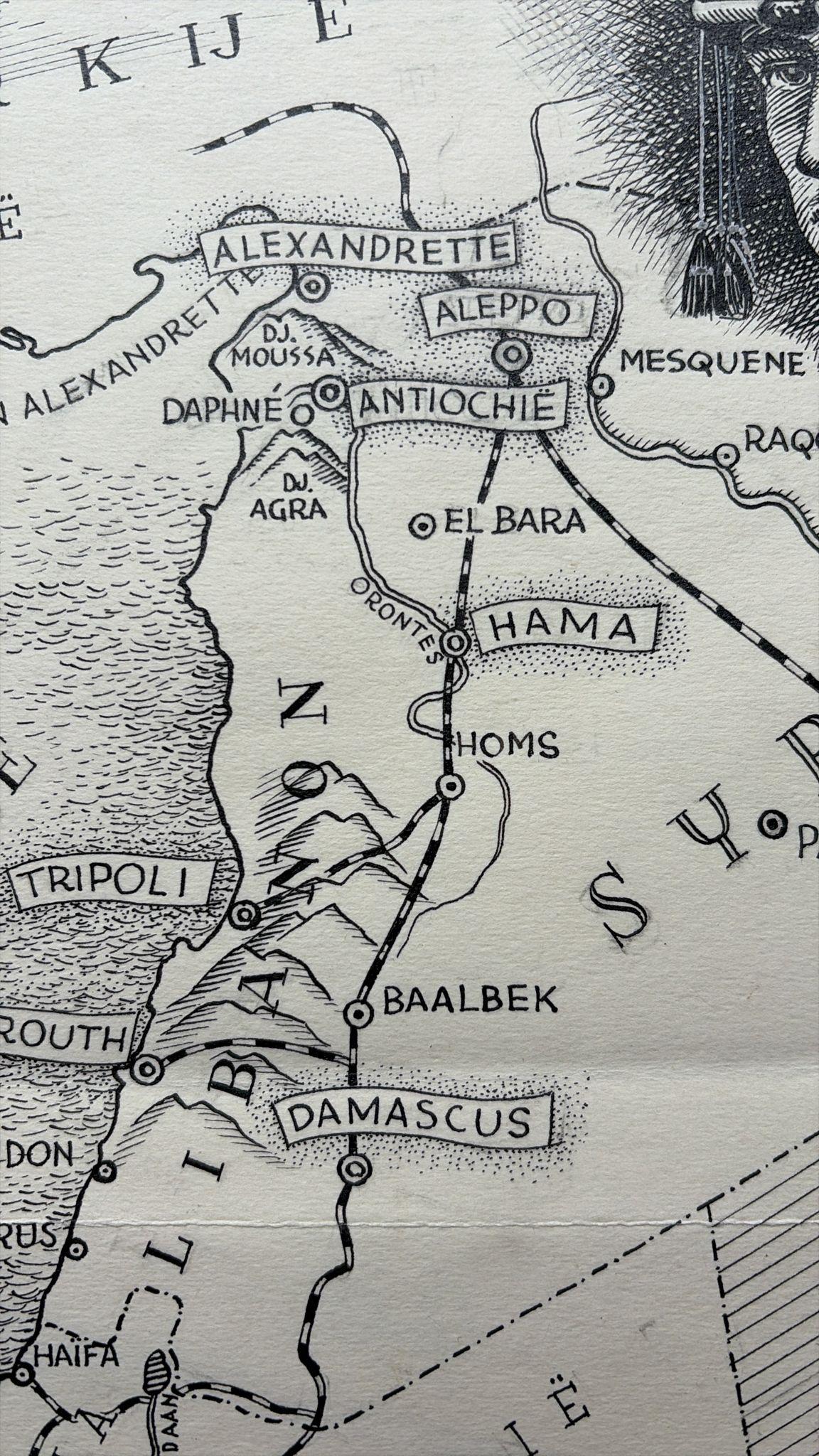 Illustrazione originale della mappa della Siria e del Libano, Charles Burki, 1947 - Disegno a inchiostro in vendita 1