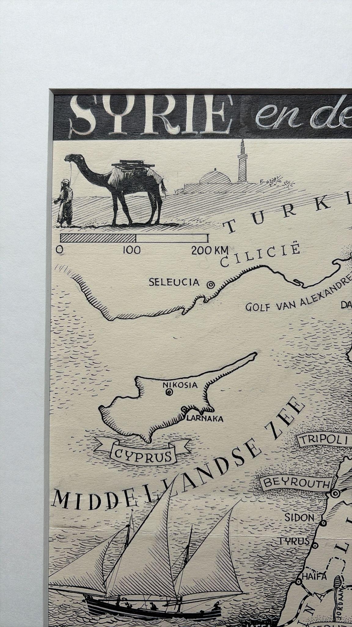 Illustrazione originale della mappa della Siria e del Libano, Charles Burki, 1947 - Disegno a inchiostro in vendita 2