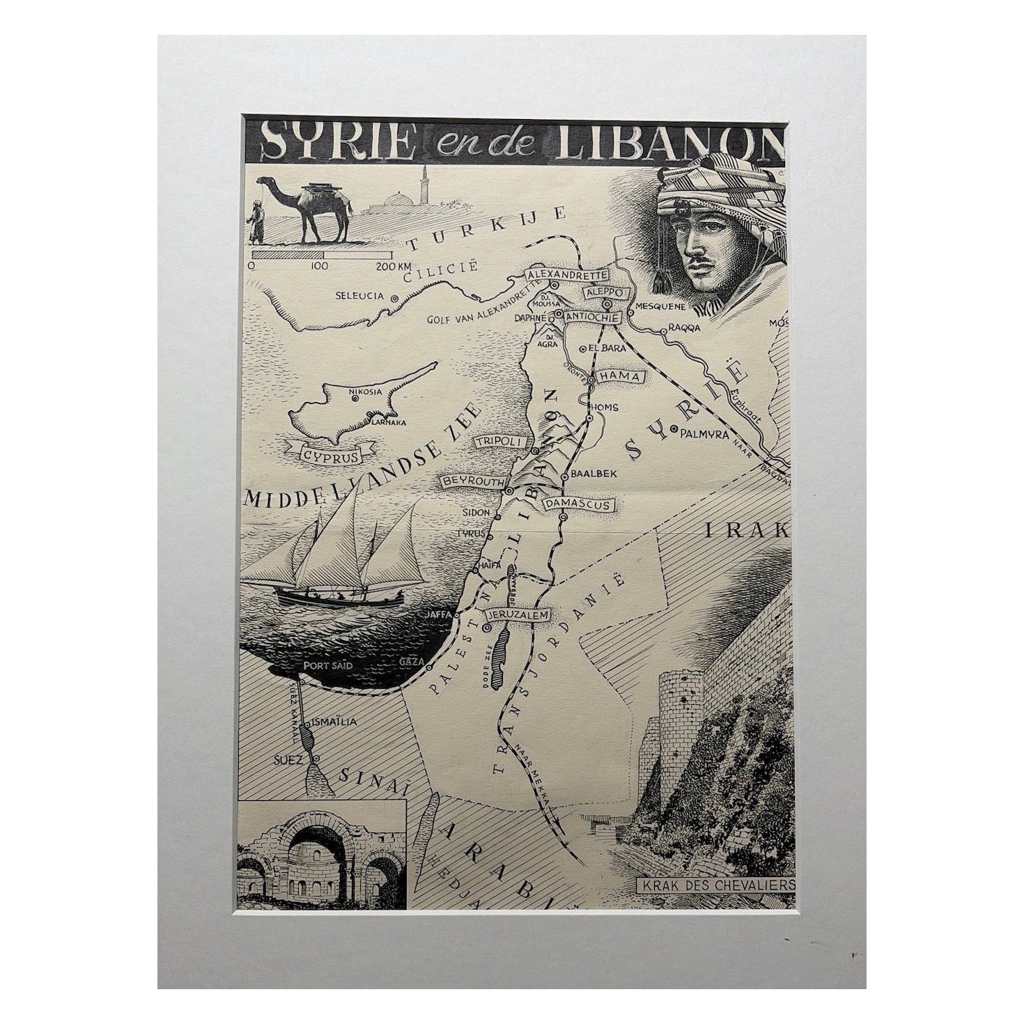 Illustrazione originale della mappa della Siria e del Libano, Charles Burki, 1947 - Disegno a inchiostro in vendita