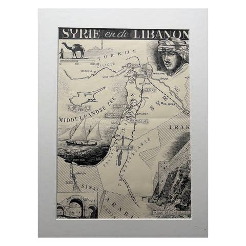 Original Illustration Map of Syria & Lebanon, Charles Burki, 1947 – Ink Drawing