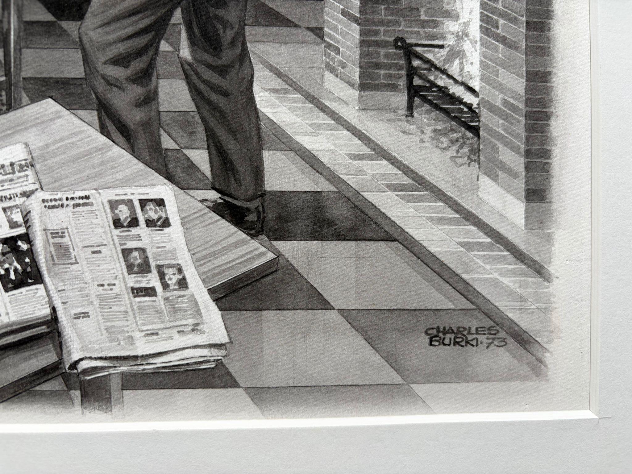 Original-Illustration 'The Office Fight' von Charles Burki, 1973 - Gouache im Zustand „Gut“ im Angebot in Langweer, NL