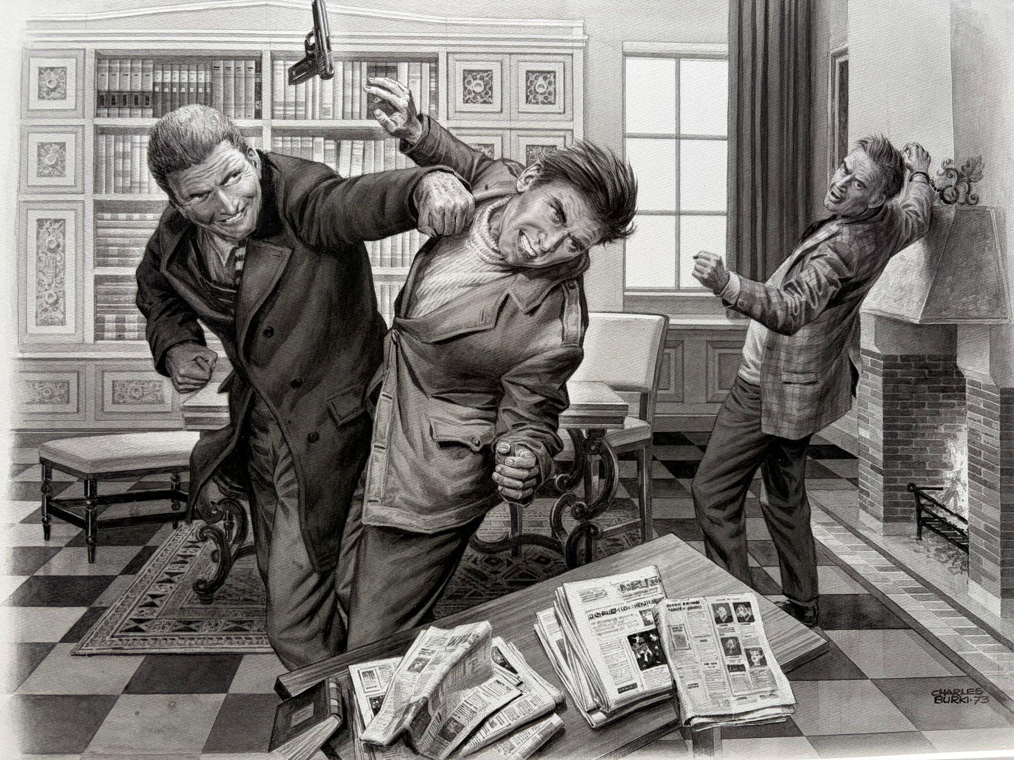 Original-Illustration 'The Office Fight' von Charles Burki, 1973 - Gouache (Papier) im Angebot