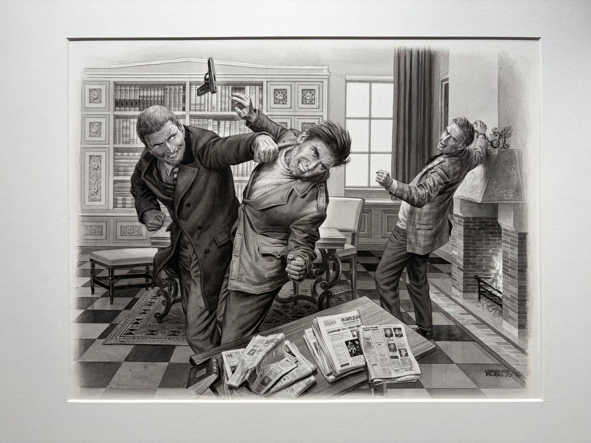 Original-Illustration 'The Office Fight' von Charles Burki, 1973 - Gouache im Angebot 1