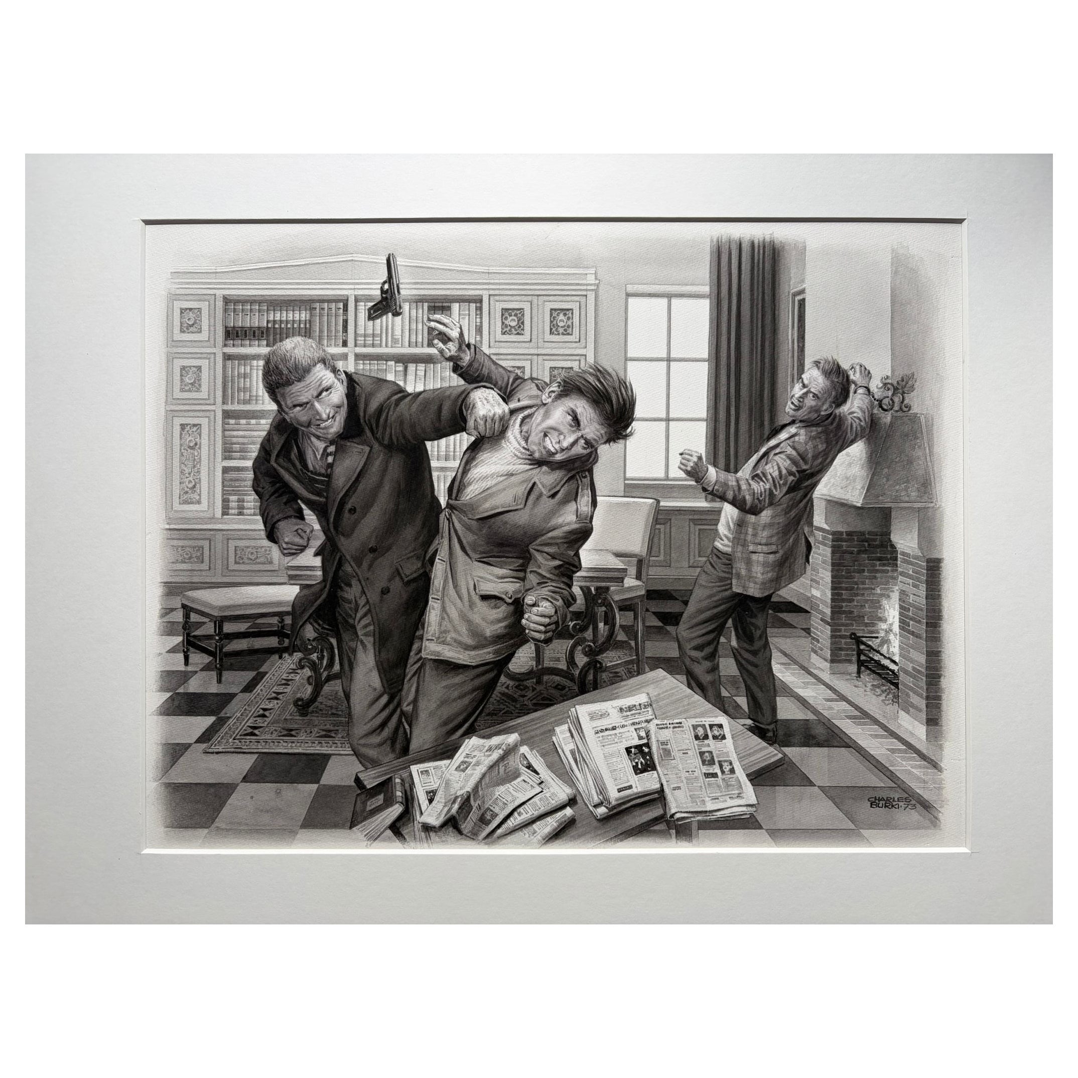 Illustration originale 'The Office Fight' par Charles Burki, 1973 - Gouache