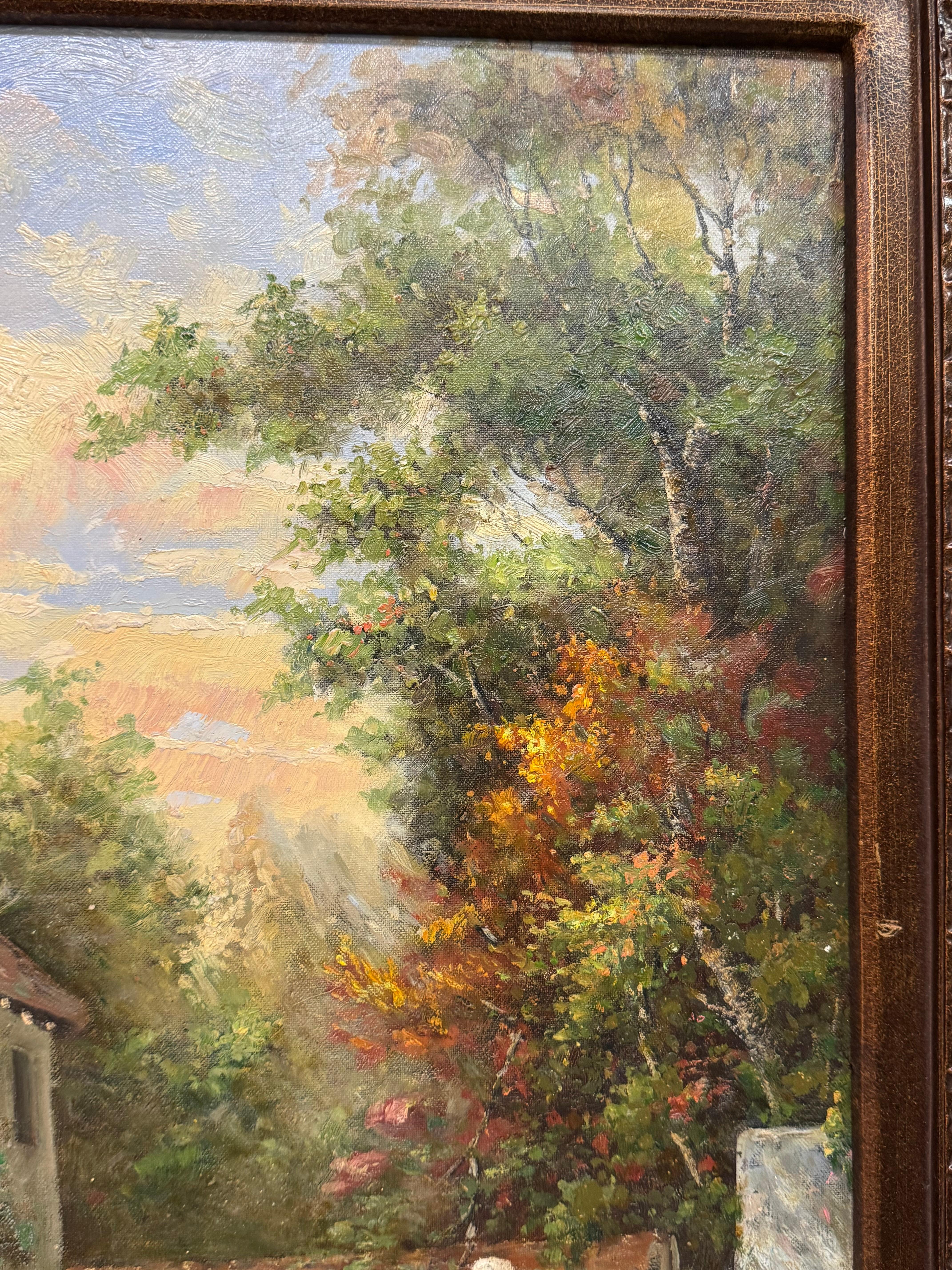 Toile Impressionniste original  Peinture de paysage de cour en vente