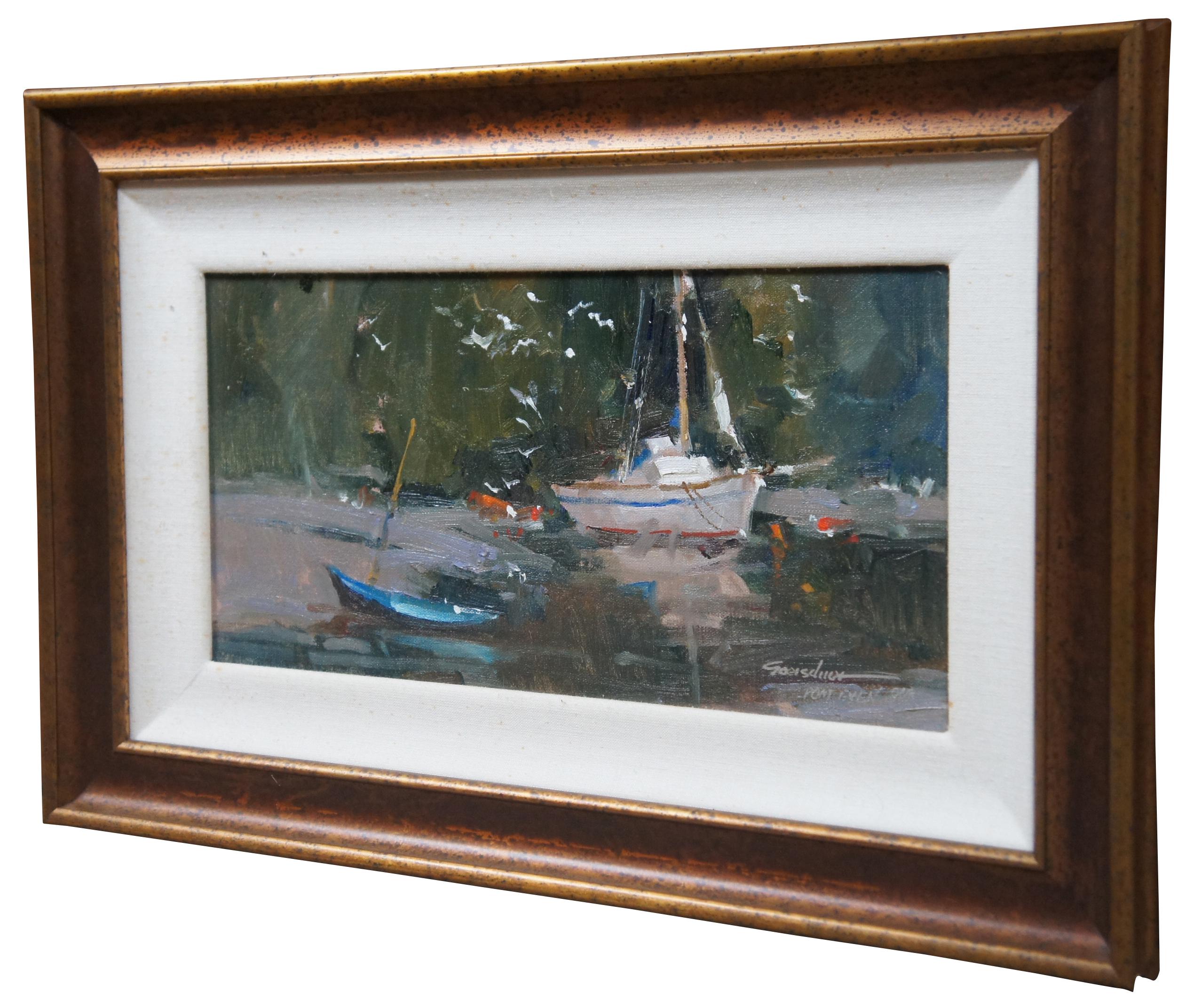 Vintage original signed impressionist nautical seascape or riverscape oil painting on board painting featuring several sailboats near Chatterbox Falls in British Columbia. Chatterbox Falls is a waterfall in British Columbia, Canada, located at the