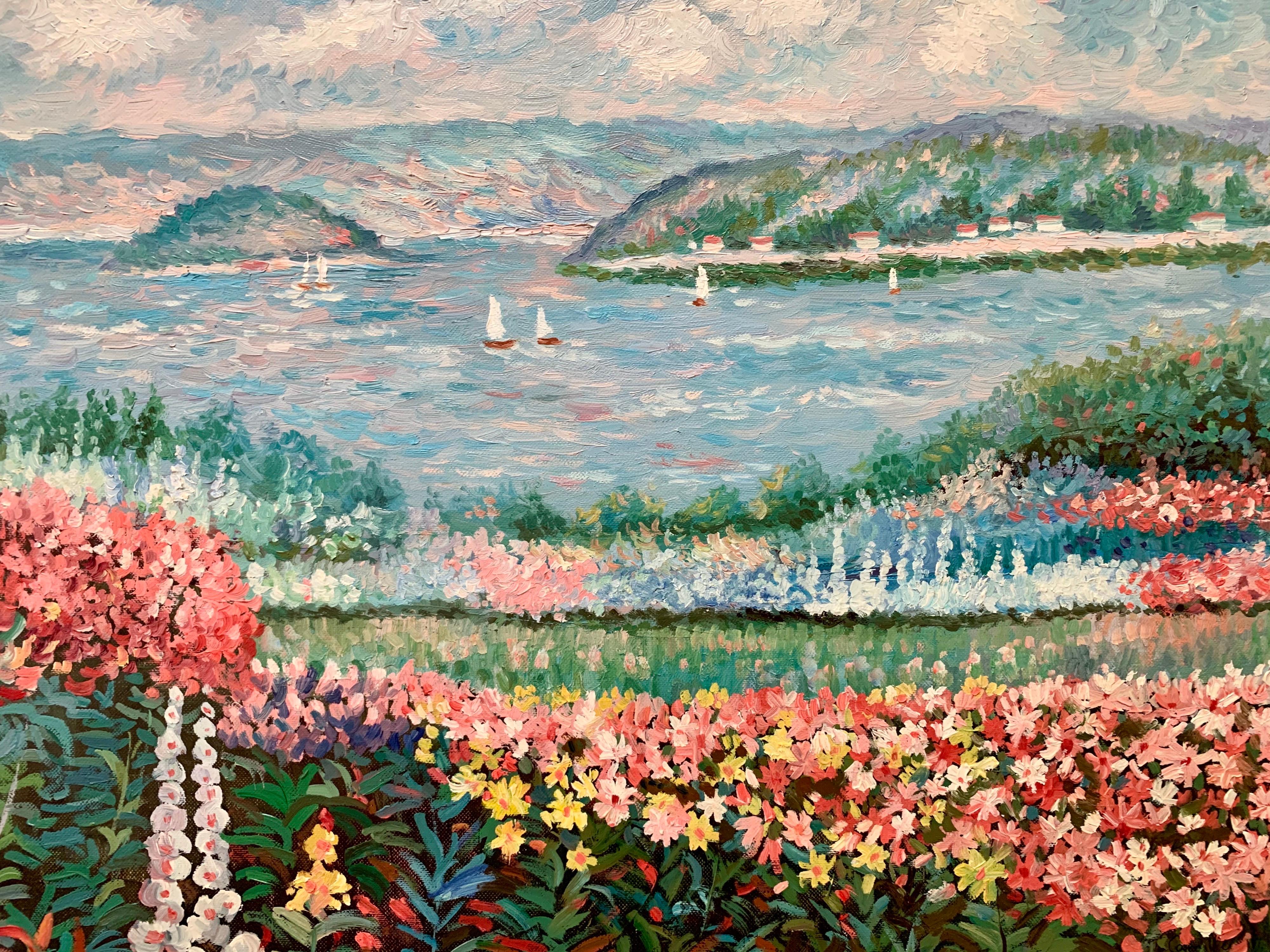 Vintage artist-signed original oil on canvas impressionist painting depicting sailboats
on the Hudson River. Elegant frame adorns this original work of art by the artist Camillo
(signature hard to decipher - see pics attached).