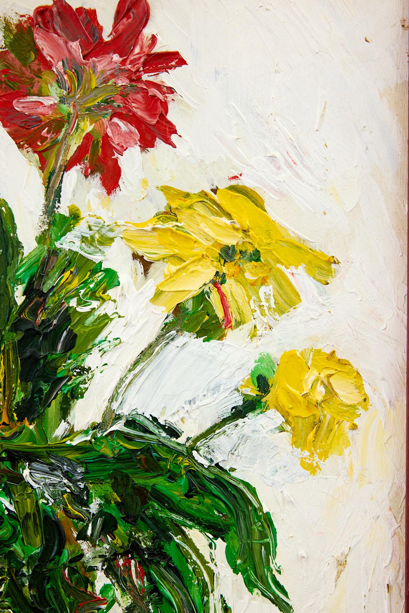 Hollywood Regency Original Impressionist Style Oil Painting of Red & Yellow Flowers in Glass Vase For Sale