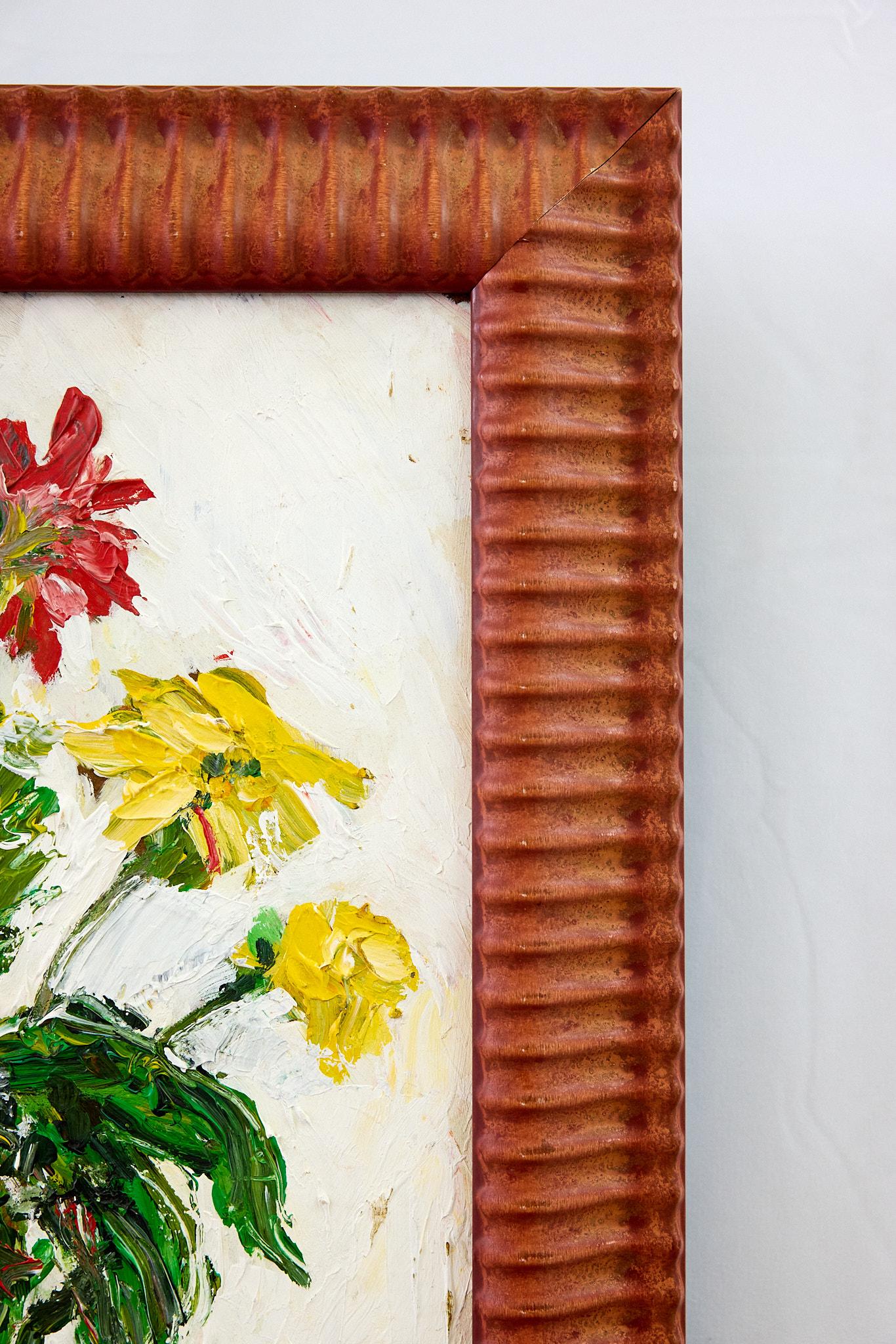 20th Century Original Impressionist Style Oil Painting of Red & Yellow Flowers in Glass Vase For Sale