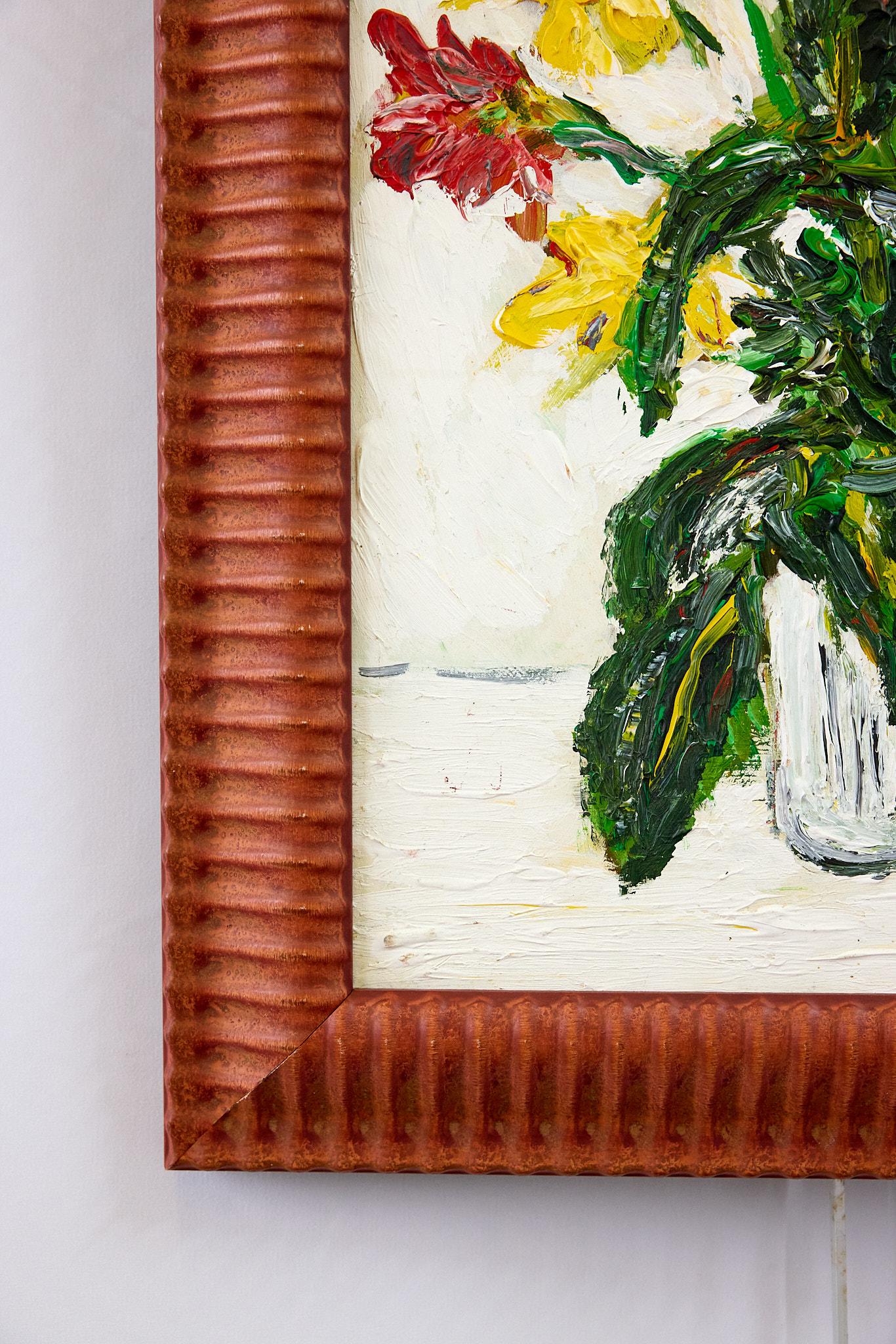 Wood Original Impressionist Style Oil Painting of Red & Yellow Flowers in Glass Vase For Sale