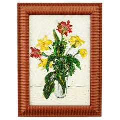 Pintura al óleo original de estilo impresionista de flores rojas y amarillas en jarrón de cristal