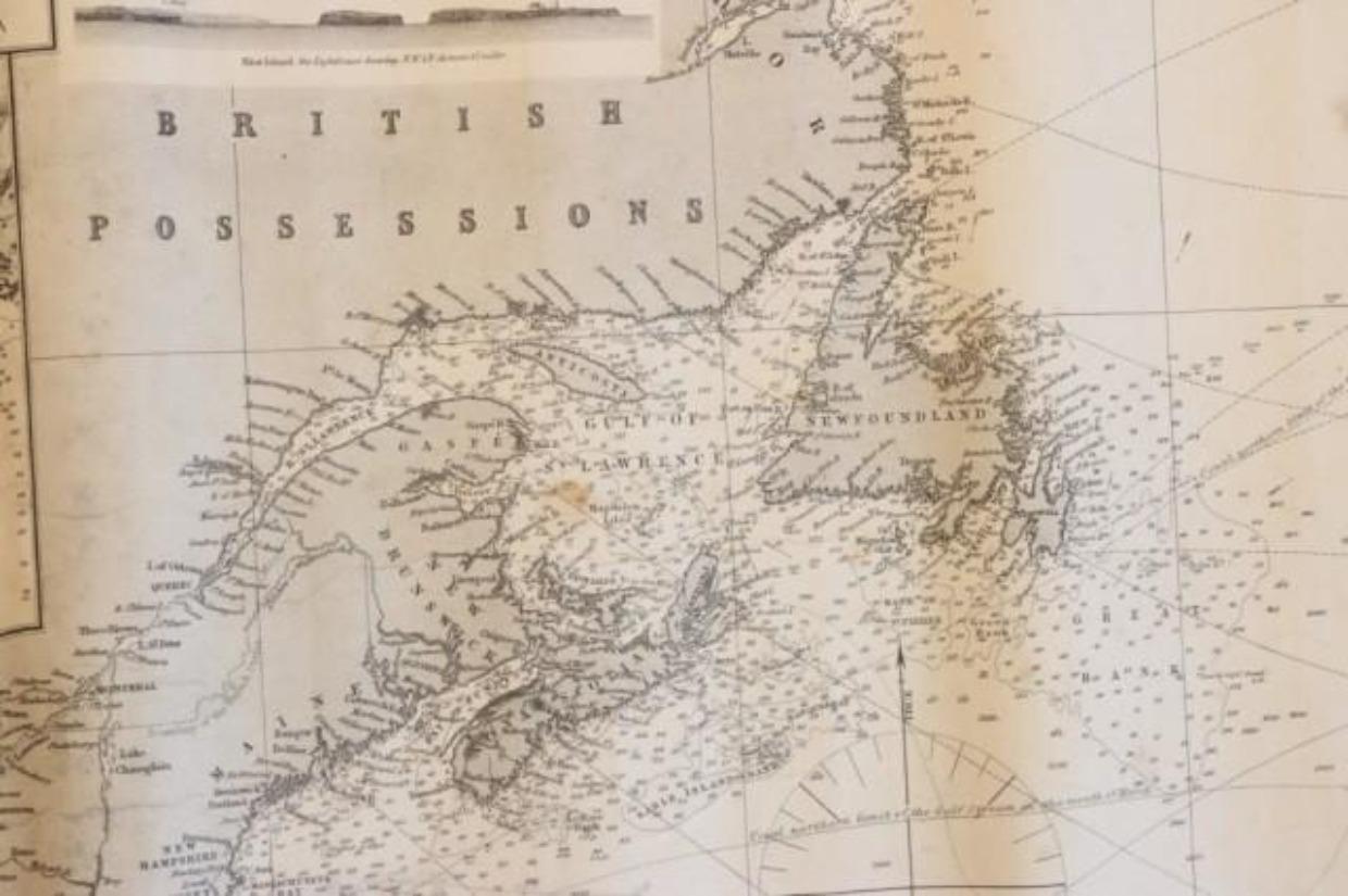 Carte marine de l'Atlantique Nord montrant la côte orientale des États-Unis, les îles des Caraïbes, l'Amérique du Sud (Venezuela et ), les possessions britanniques (Canada - golfe du Saint-Laurent, Terre-Neuve, Nouvelle-Écosse), l'Europe
