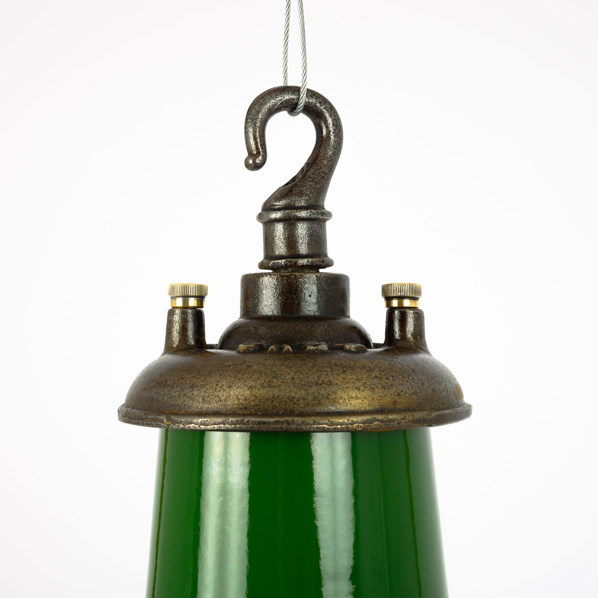 These are Original Industrial Green Enamel Factory Pendant Lights by Revo Tipton
A stunning run of 26 industrial factory lights manufactured by Revo of Tipton, England circa 1940.

These lights were salvaged from a tool factory based in the